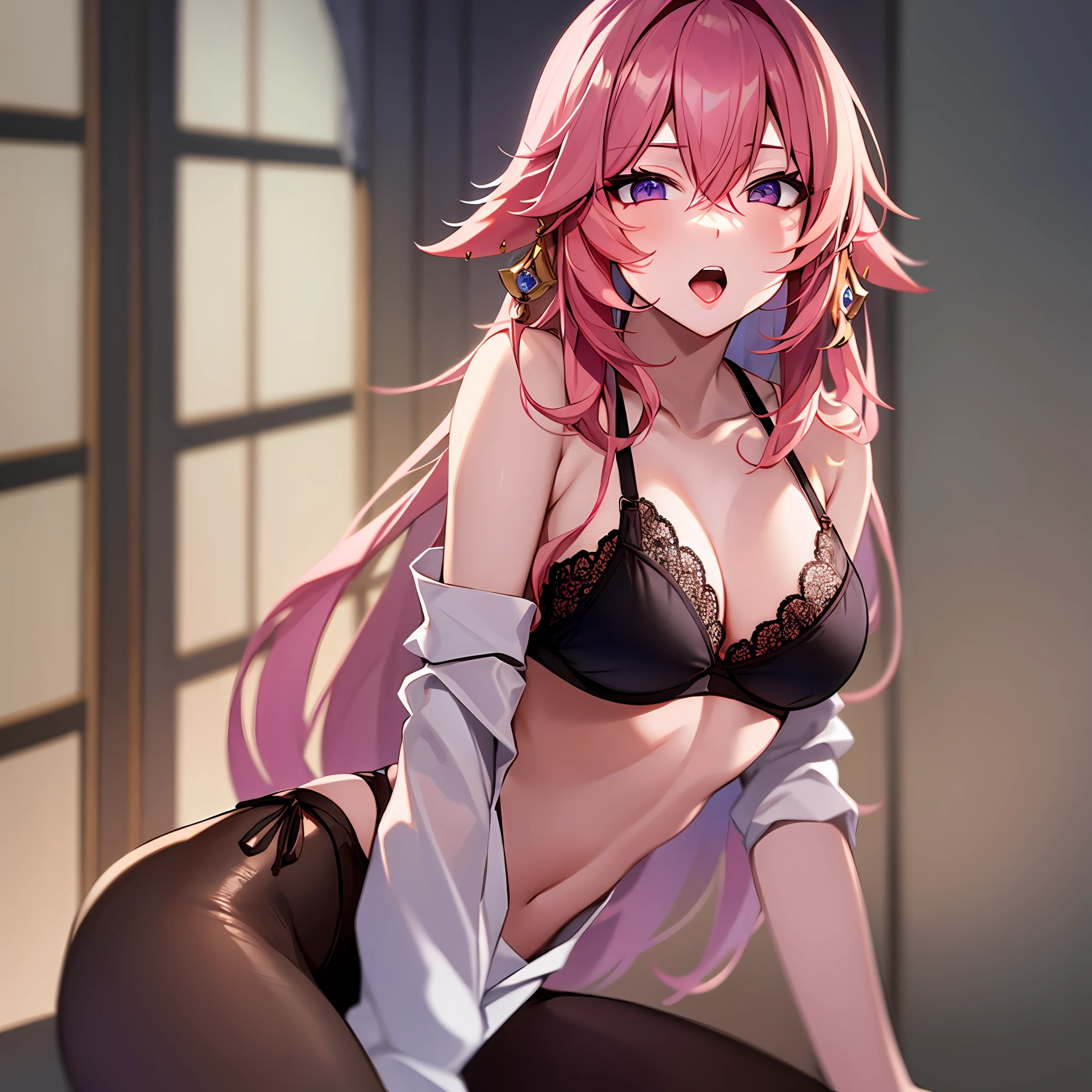 ((masterpiece, best quality)),8k,indoor ,1yae miko,mouth_hold,(white shirt:1.2) ,looking at viewer,slim waist,black bra, use pantyhose, pink hair, open mouth