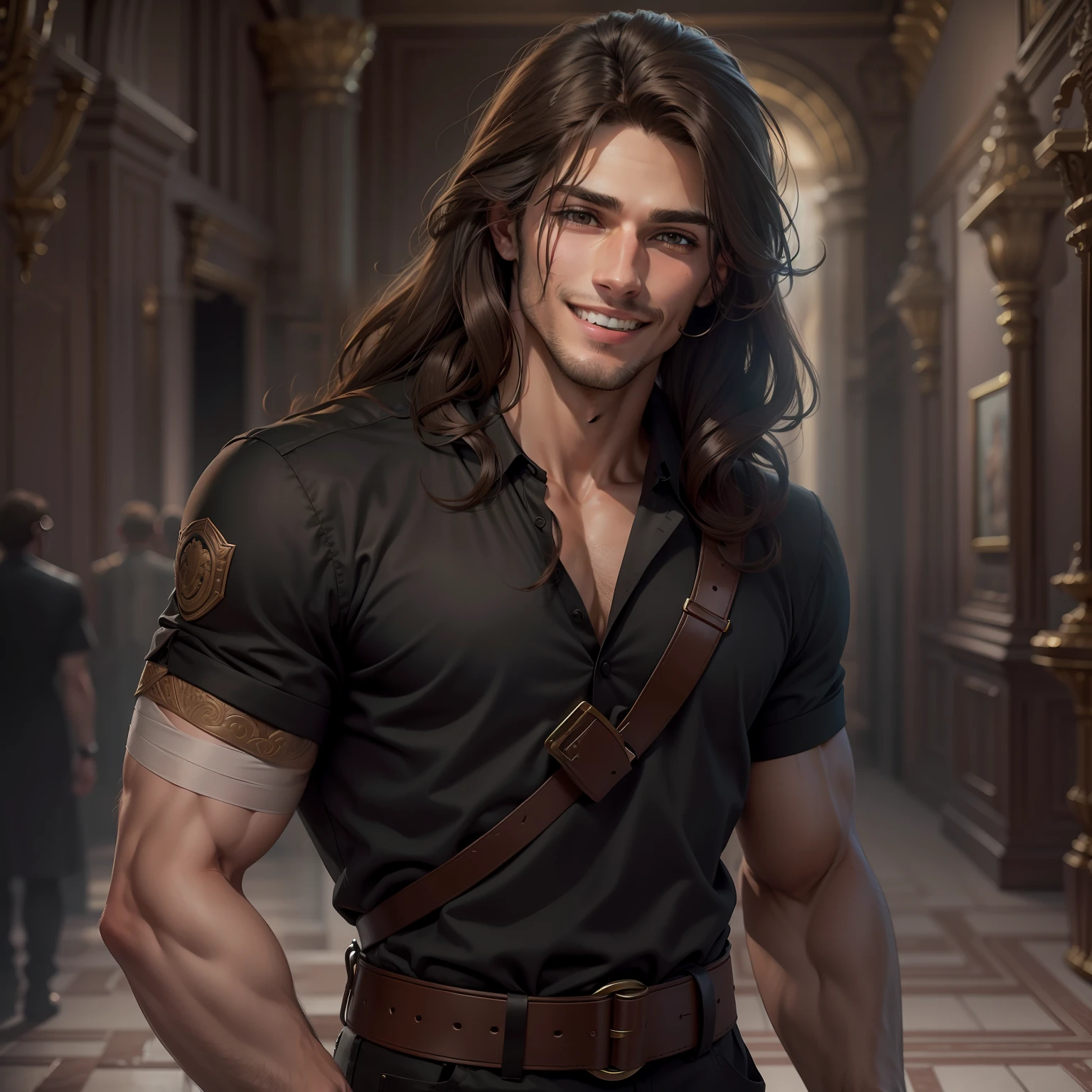 realistic image of a strong, handsome 23 year old man, long brown hair, brown eyes, wounded face, dressed in a casual black blouse and with bandages on his arms, standing in a hall of a royal palace, smiling with extremely detailed teeth