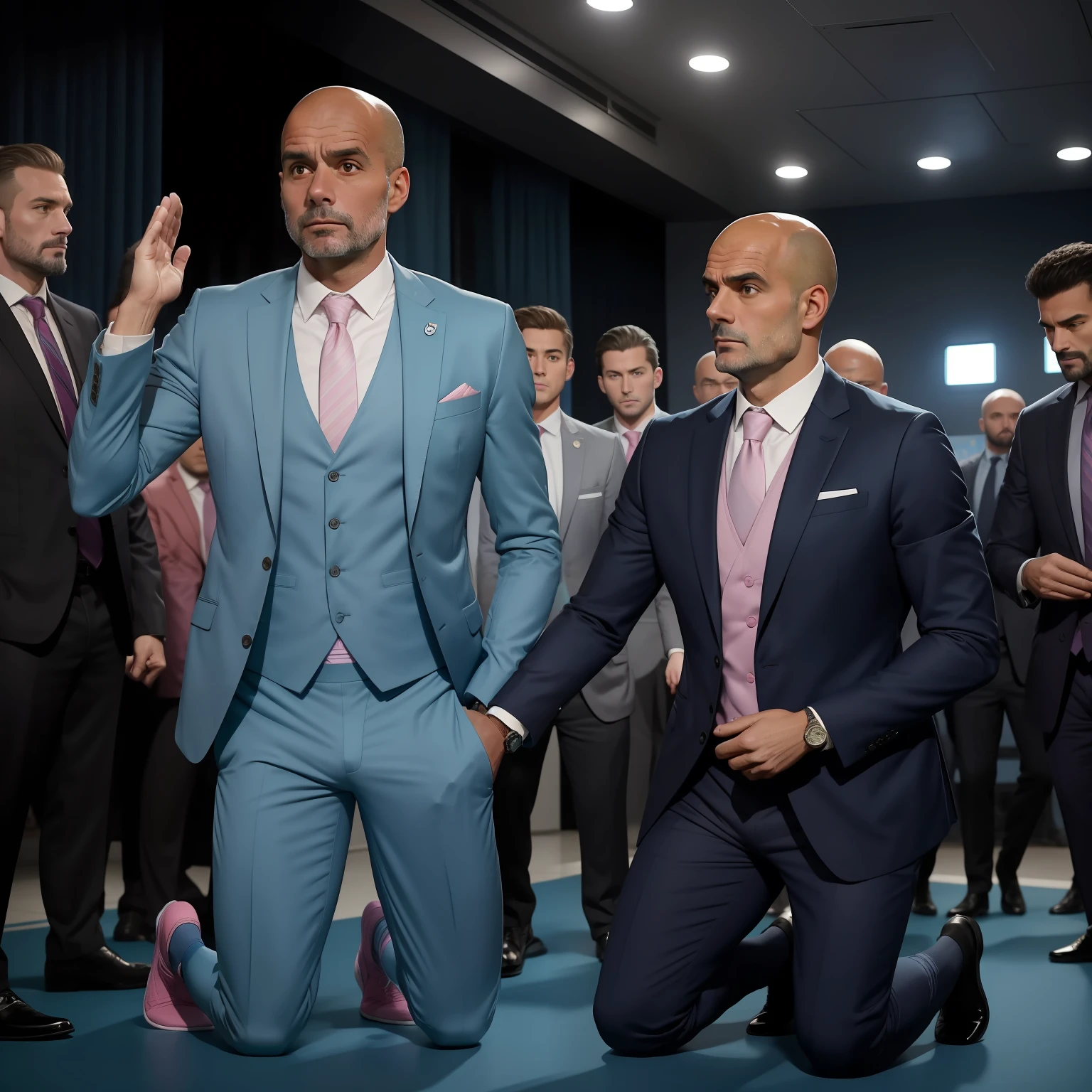 45 yers old,Guardiola,Wear a powder blue suit,Bulge,浴室,One person picks up a person,black long socks,Thin,musculature,lbeard,fortitude,artwork of a,tmasterpiece,k hd,an look of enjoyment,pink panty,Kneeling,Raise your hands high