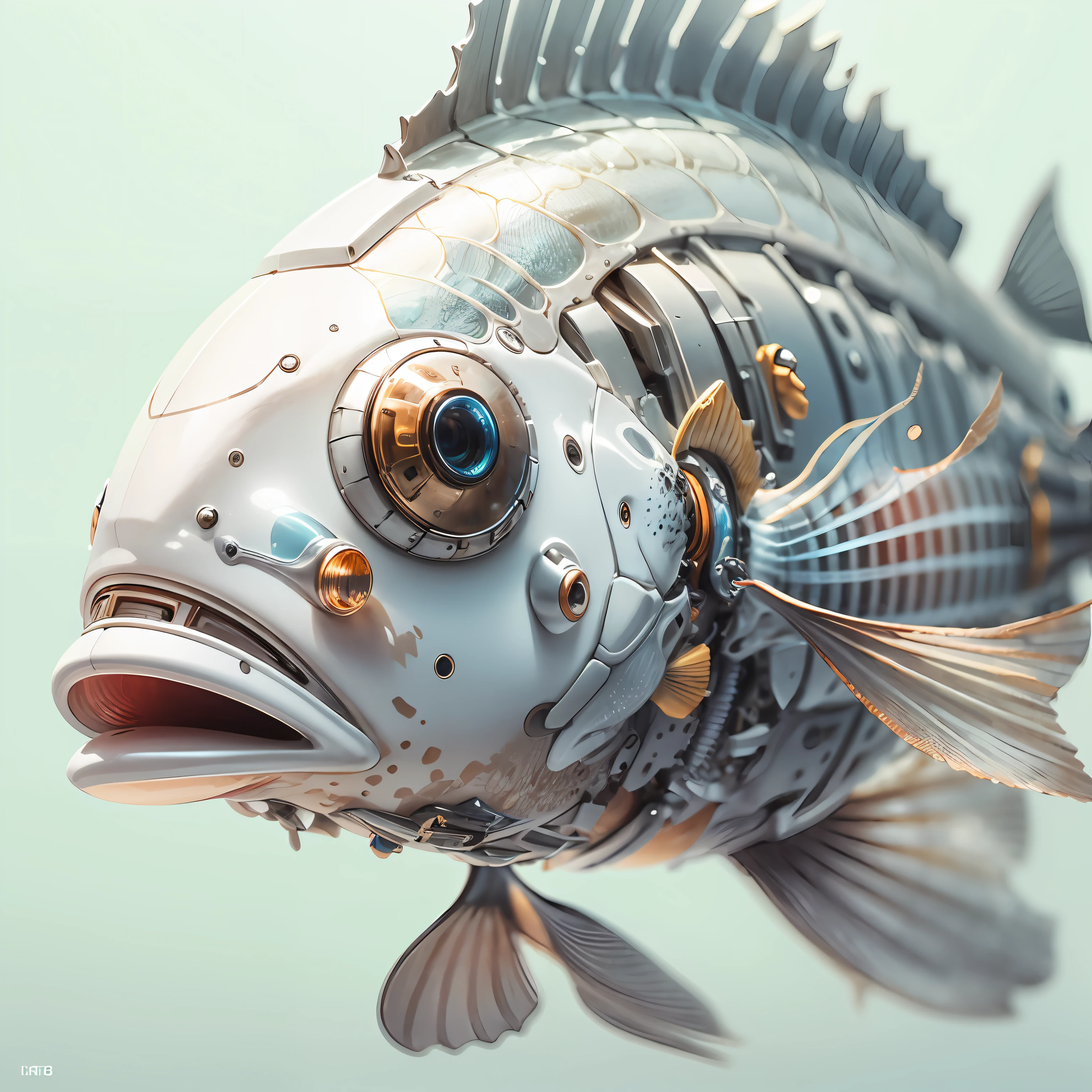 Bionic sea fish, half - mechanical half - fish, white background, high contrast, ultra - detailed realistic cinematic lighting, highly detailed, clear focus, illustration, surrealism, photo - realistic painting, beautiful lighting, volume, 8K, ar 16: 9 —s 250