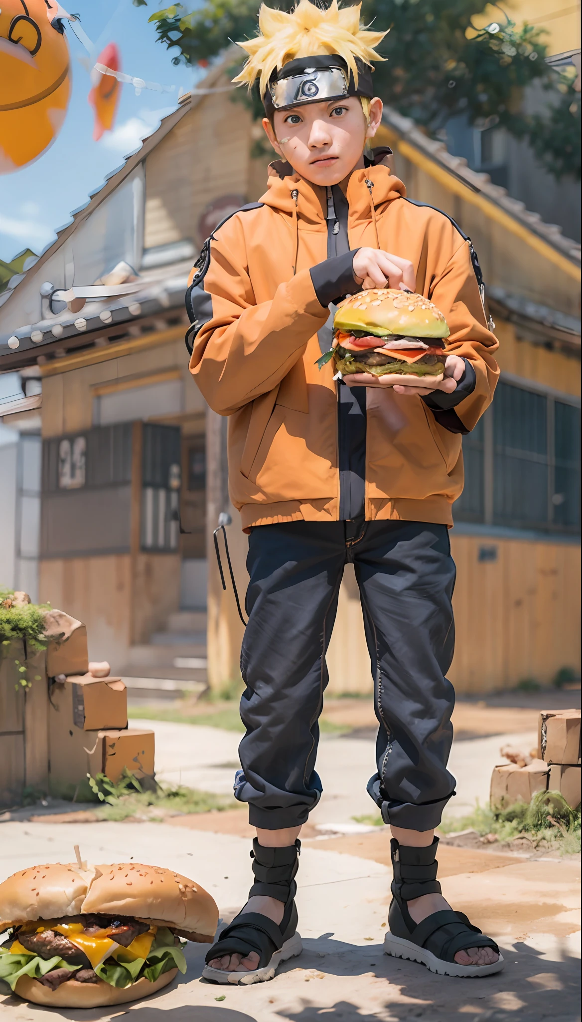 Naruto Uzumaki, with a large burger in his hands, muito bunito, fase adolescente, extremamente realista, com roupas na cor laranja e azul, em frente uma casa fundo lanchonete