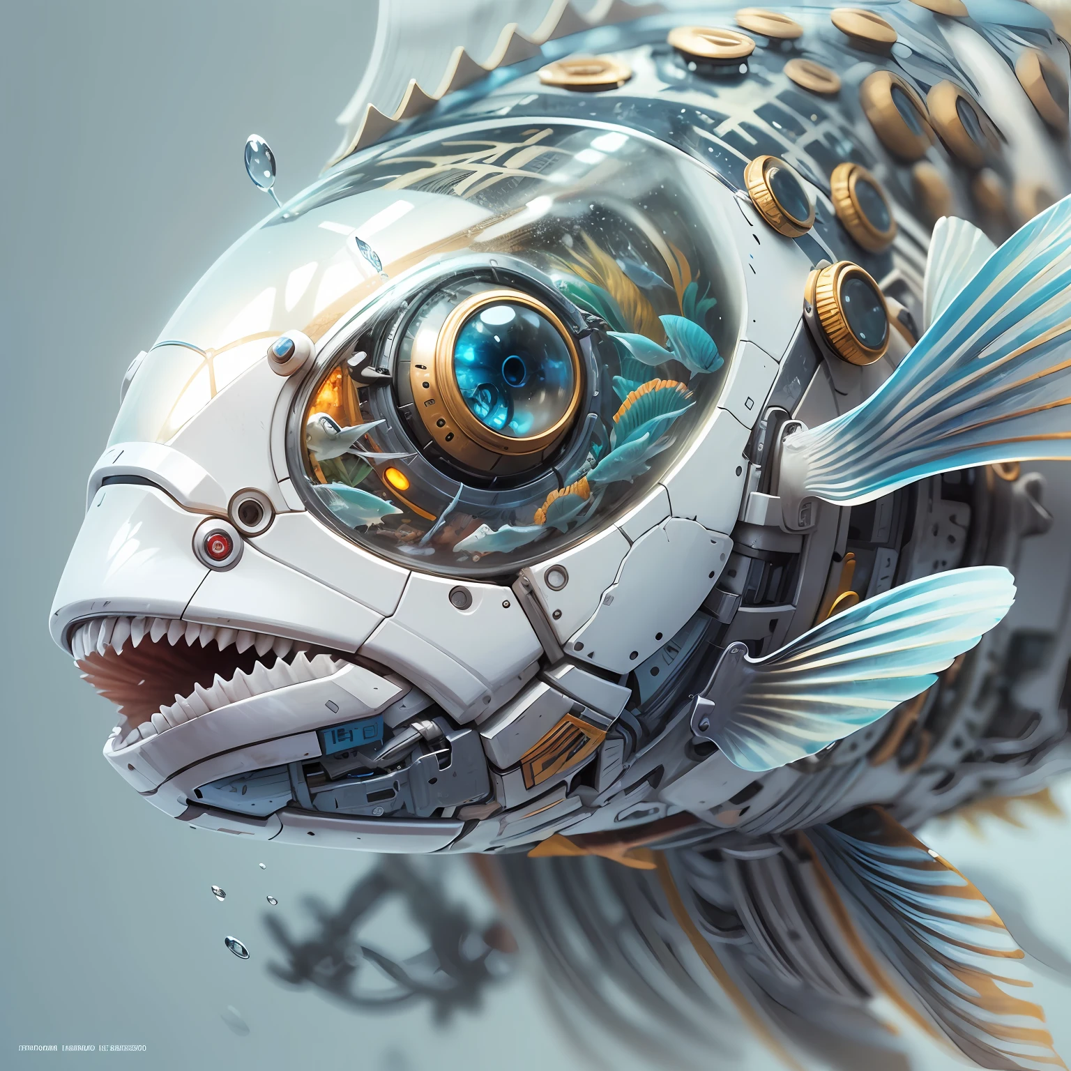Bionic marine fish, half is mechanical, half is fish, whitebackground, High contrast, Ultra - detailed realistic cinematic lighting, Highly detailed, Clear Focus, illustartion, surrealism, Photo - realistic painting, Beautiful lighting, Volume, 8K, RA 16: 9 —s 250
