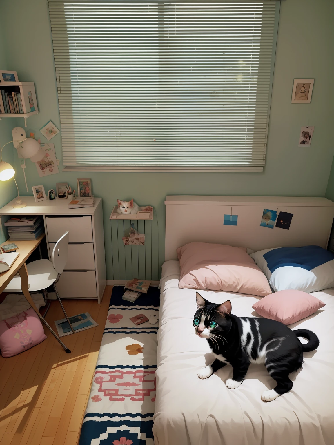 There is a bed in the bedroom,There is a kitten with black blue eyes on it, Small room, cute room, cozy room, apartment of an art student, small room in tokyo, small bedroom, clean room, in small room, small and cosy student bedroom, studyng in bedroom, designed for cozy aesthetics!, a room, cozy environment, A bright room, 9 0 s bedroom