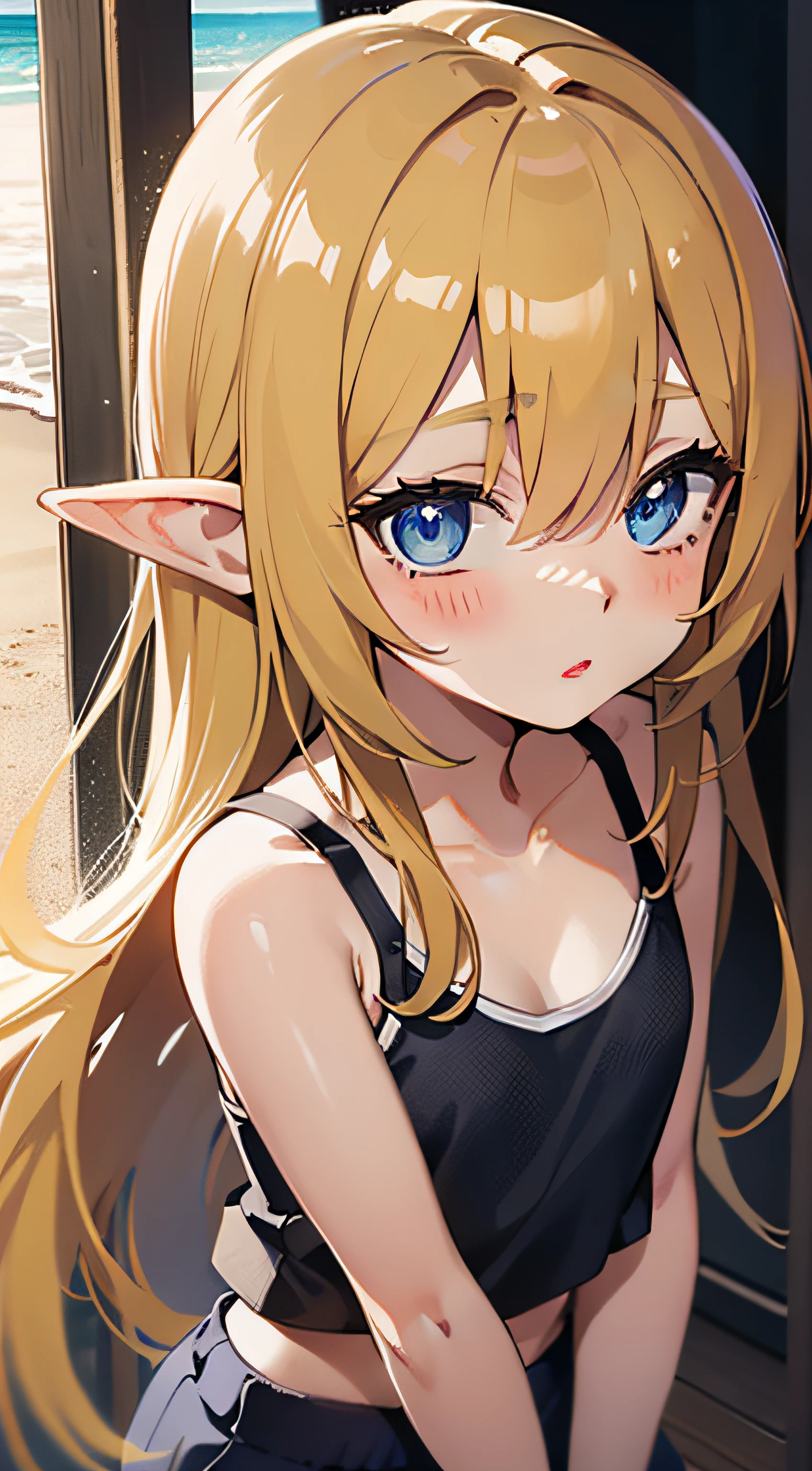 （Black skin:5.0、elvish、hair over eyes:2.0）、petite girl in、A girl child、blue eyess、very long bangs、straight haired、very long transverse hair、hair over eyes:2.0、a blond、Beach、flat chest、Tank Tops、shortpants、blush、Flat waist、closing eye、anime screen cap、