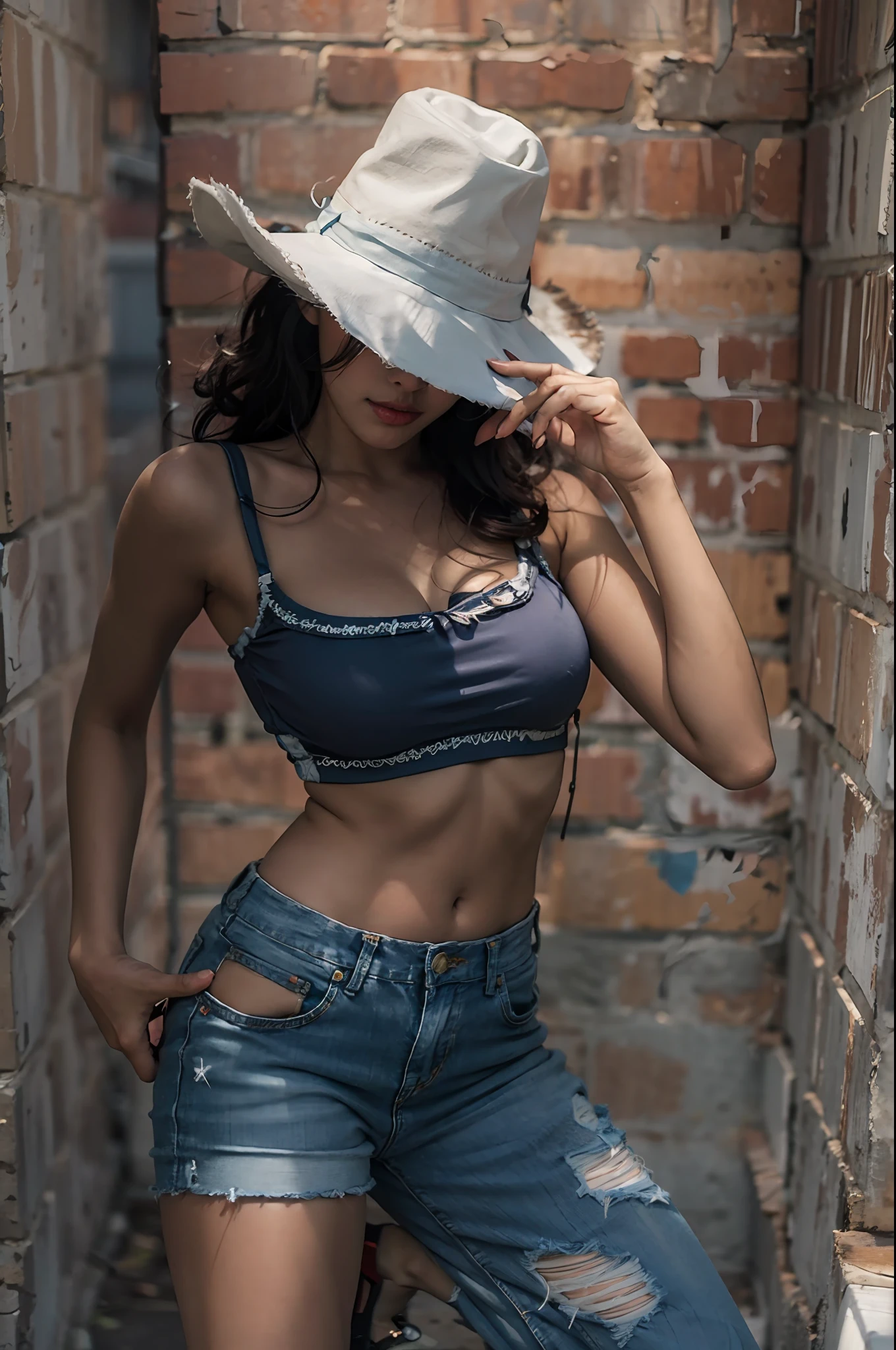 best qualtiy，tmasterpiece，Ultra photo realsisim，Ultra-clear 8K photography，Street photography，model shoot，Fashionable beauty，Short black curly hair，Blue camisole underwear，denim short，Wearing an American cowboy hat，Natural light and shadow，Hyper-detailing，Ultra-clear，big breasts beautiful，tmasterpiece,photoreal render，8k