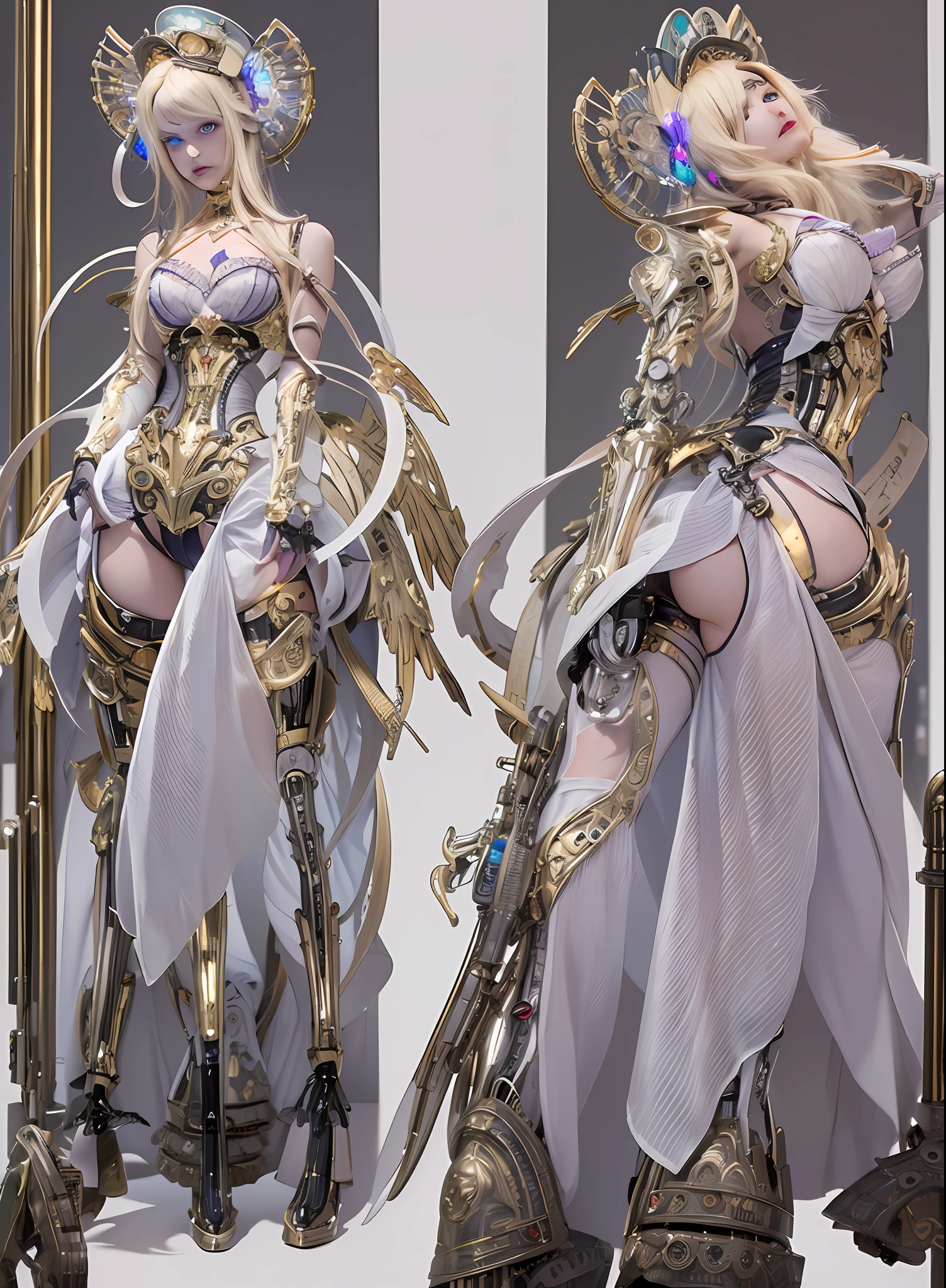 top-quality、​masterpiece、超A high resolution、(Photorealsitic:1.4)、Raw photo、1人、a blond、glowy skin、1. Steampunk Angel Cyborg、large metal wings、((super realistic details))、portlate、globalillumination、Shadow、octan render、8K、ultrasharp、Colossal tits、Raw skin is exposed in cleavage、metals、Details of complex ornaments、Steampunk details、Hydraulic cylinder、highly intricate detail、Realistic light、CGSoation Trends、a purple eye、radiant eyes、Facing the camera、neon details、Mechanical limbs、blood vessels connected to tubes、Mechanical vertebrae attached to the back、mechanical cervical attaching to neck、cowboy  shot、Wires and cables connecting to the head、Sumerian details、Small LED lamp、