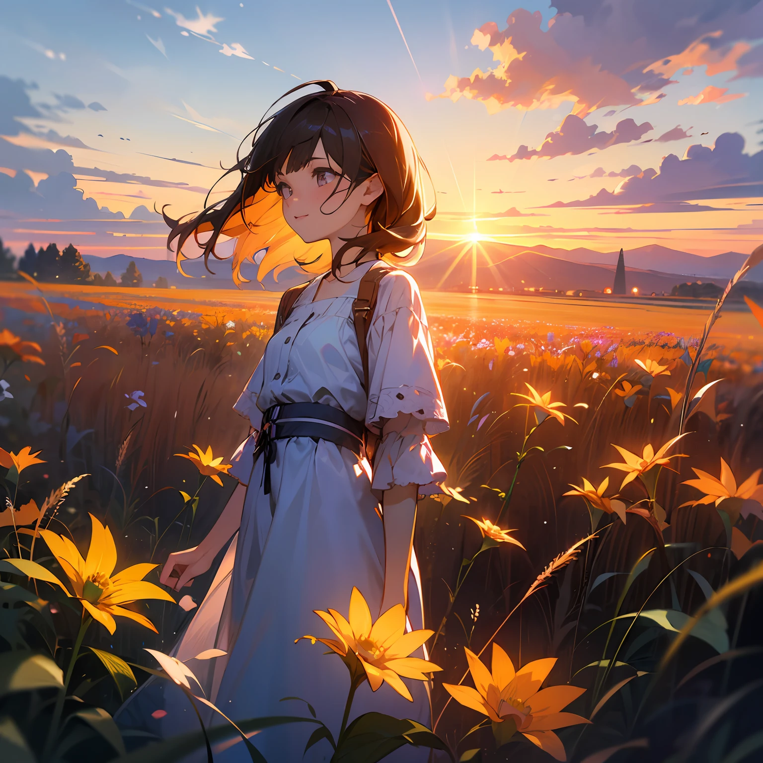 girl standing in field of neon flowers, detailed face, mid shot, clouds, sunrise