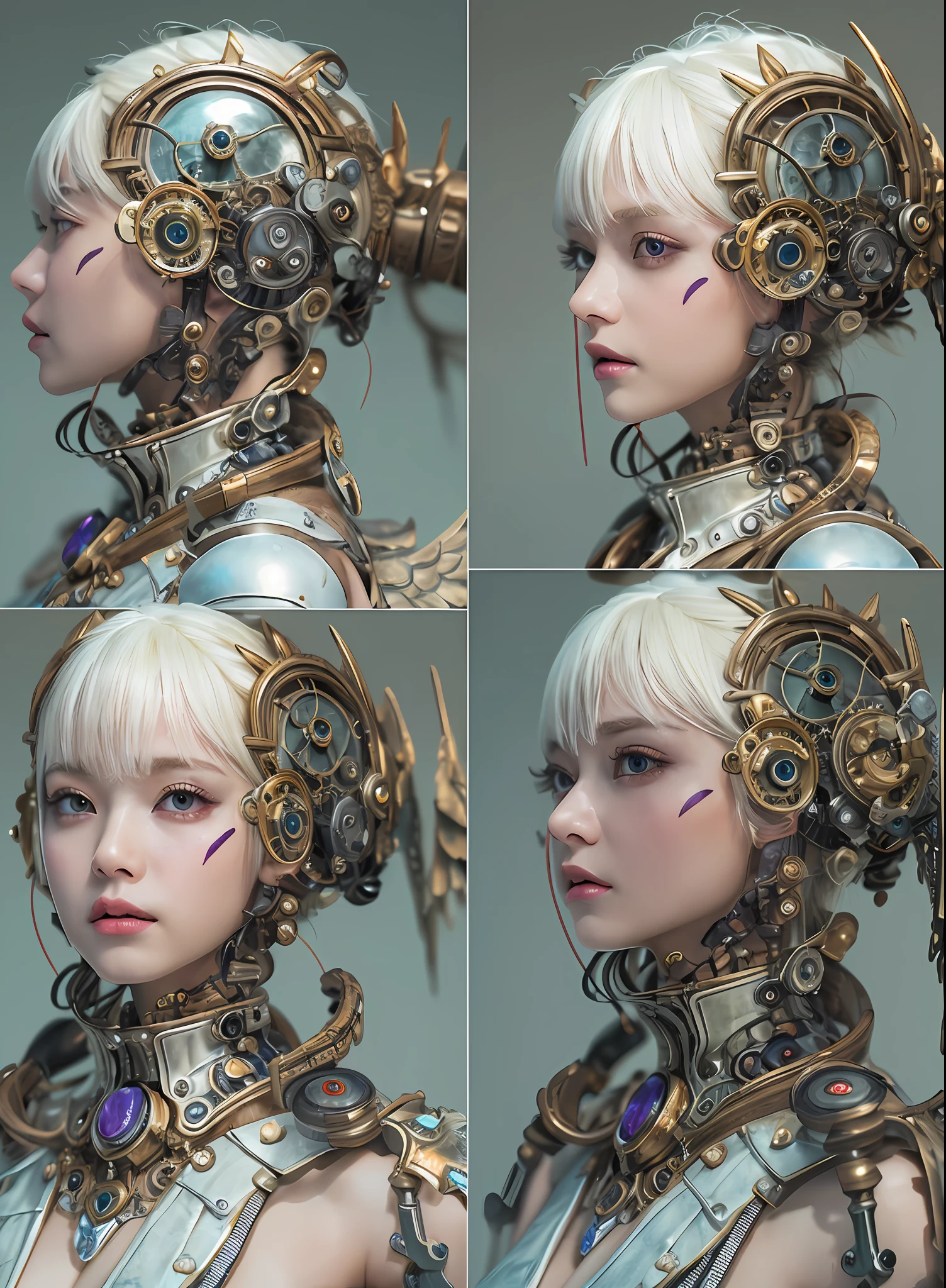 top-quality、masterpiece、超A high resolution、(Photorealsitic:1.4)、Raw photo、女の子1人、a blond、glowy skin、1. Steampunk Angel Cyborg、large metal wings、((super realistic details))、portlate、globalillumination、Shadow、octan render、8K、ultrasharp、Colossal tits、Raw skin is exposed in cleavage、metals、Details of complex ornaments、Steampunk details、Hydraulic cylinder、highly intricate detail、Realistic light、CGSoation Trends、a purple eye、radiant eyes、Facing the camera、neon details、Mechanical limbs、blood vessels connected to tubes、Mechanical vertebrae attached to the back、mechanical cervical attaching to neck、cowboy shot、Wires and cables connecting to the head、Sumerian details、Small LED lamp、