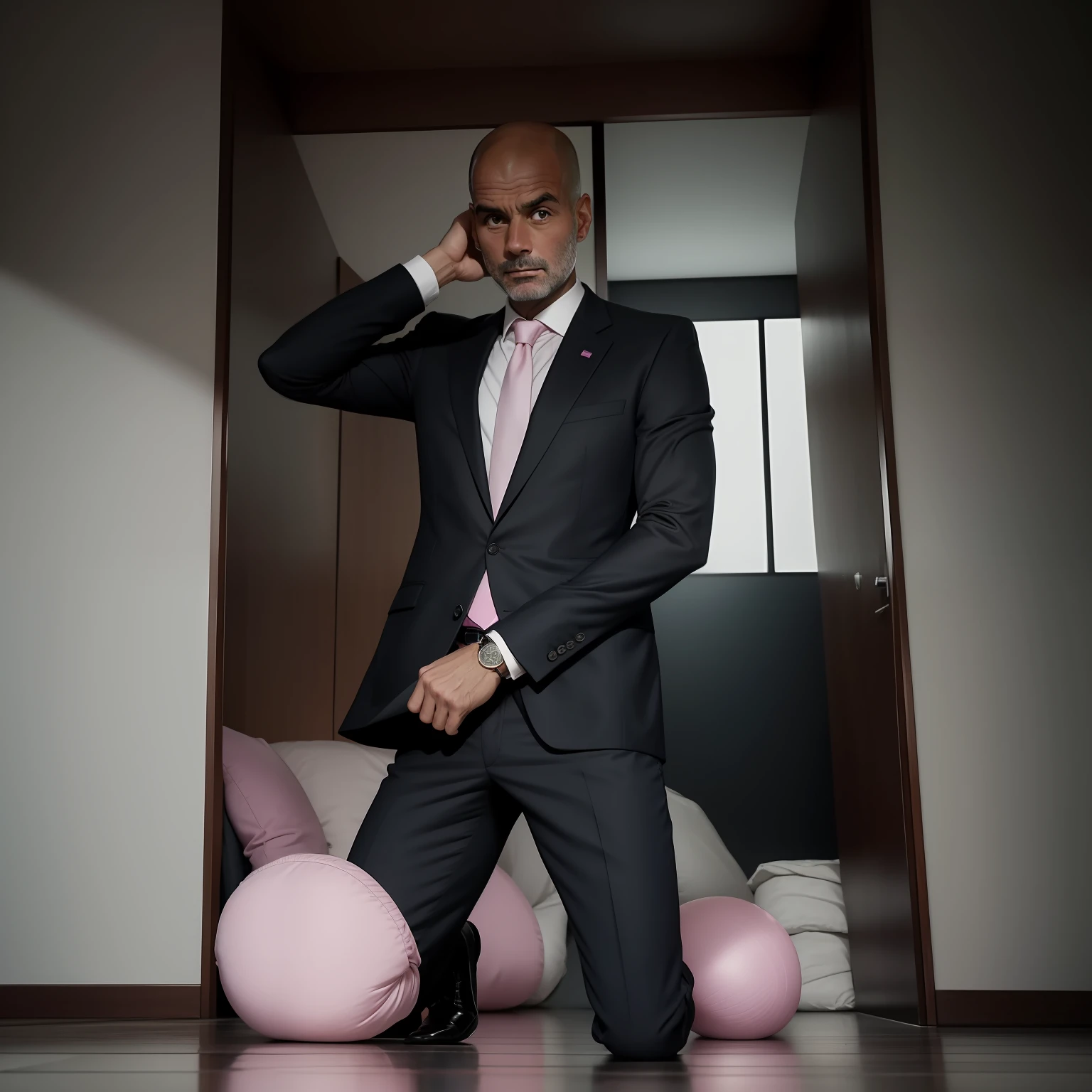 45 yers old,Guardiola,wear suit,Bulge,浴室,One rides a person,black long socks,Thin,musculature,lbeard,fortitude,artwork of a,tmasterpiece,k hd,an look of enjoyment,pink panty,Kneel,Put your hands behind your head