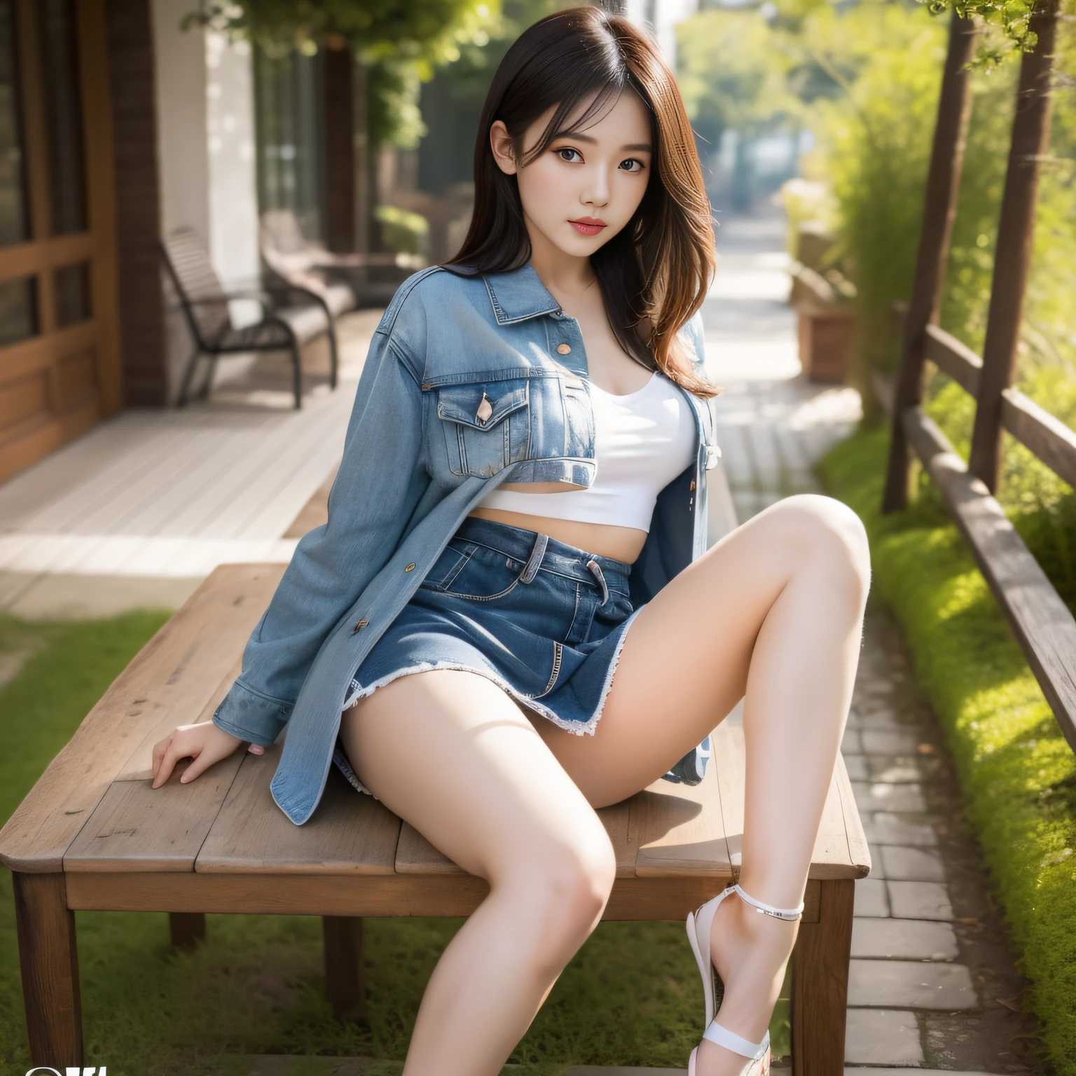 4K,realisticlying,Wear a camisole jacket,The Arapei woman in the short skirt sat on the table,Open legs, gorgeous chinese models, ankle,slippers,pretty face with arms and legs, hot with shining sun, Open legs,juicy legs, Outdoors, Beautiful legs, very beautiful slim legs, Chinese girl, Hot and sunny, Beautiful Asian girl, low view, sakimichan hdri, very beautiful long slim legs
