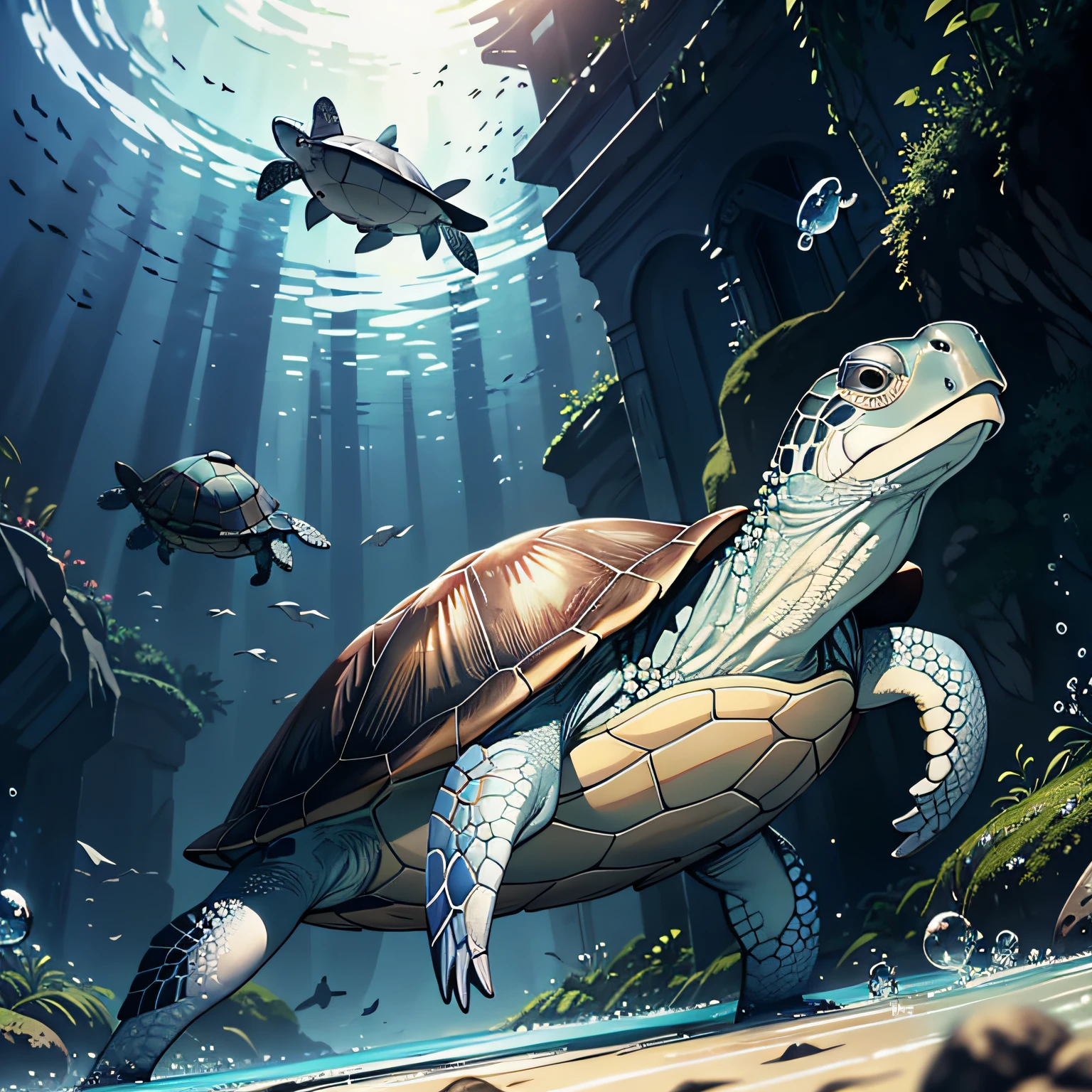 A turtle，Turtle，greys，in  the water，Ultra HD masterpiece，imagem de qualidade alta