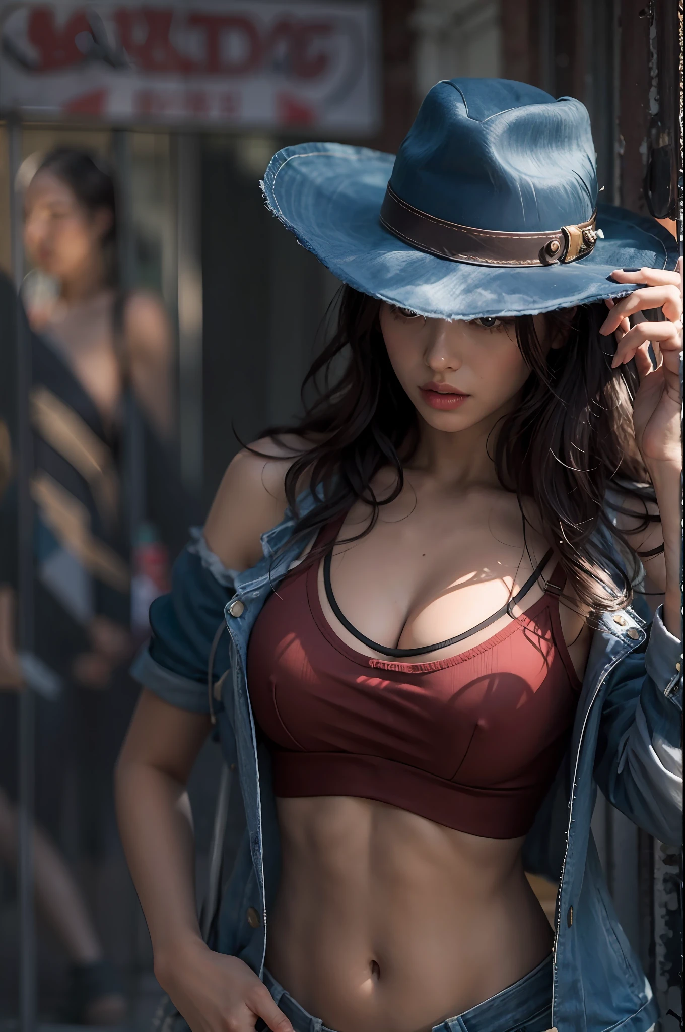 best qualtiy,tmasterpiece,Ultra photo realsisim,Ultra-clear 8K photography,Street photography,model shoot,Fashionable beauty,Short black curly hair,Blue camisole underwear,denim short,Wearing an American cowboy hat,Natural light and shadow,Hyper-detailing,Ultra-clear,big breasts beautiful,tmasterpiece,photoreal render,8k