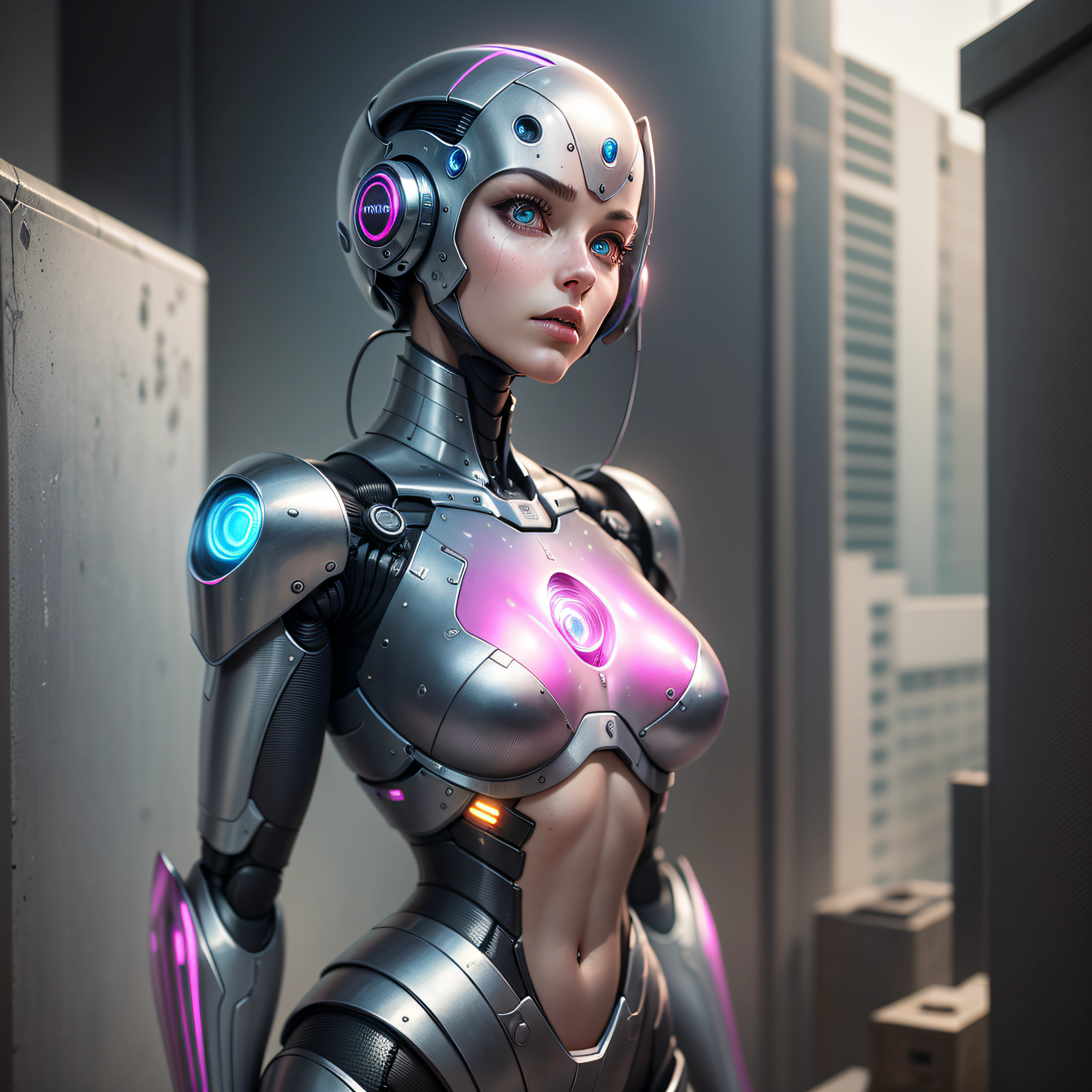 realistic photography, solo, full copor, depth, best quality, a humanoid robot, with human parts, bright eyes, shiny Pink chrome armor, slim body, cyberpunk style, neuras colors, realistic, 8k, HDR.