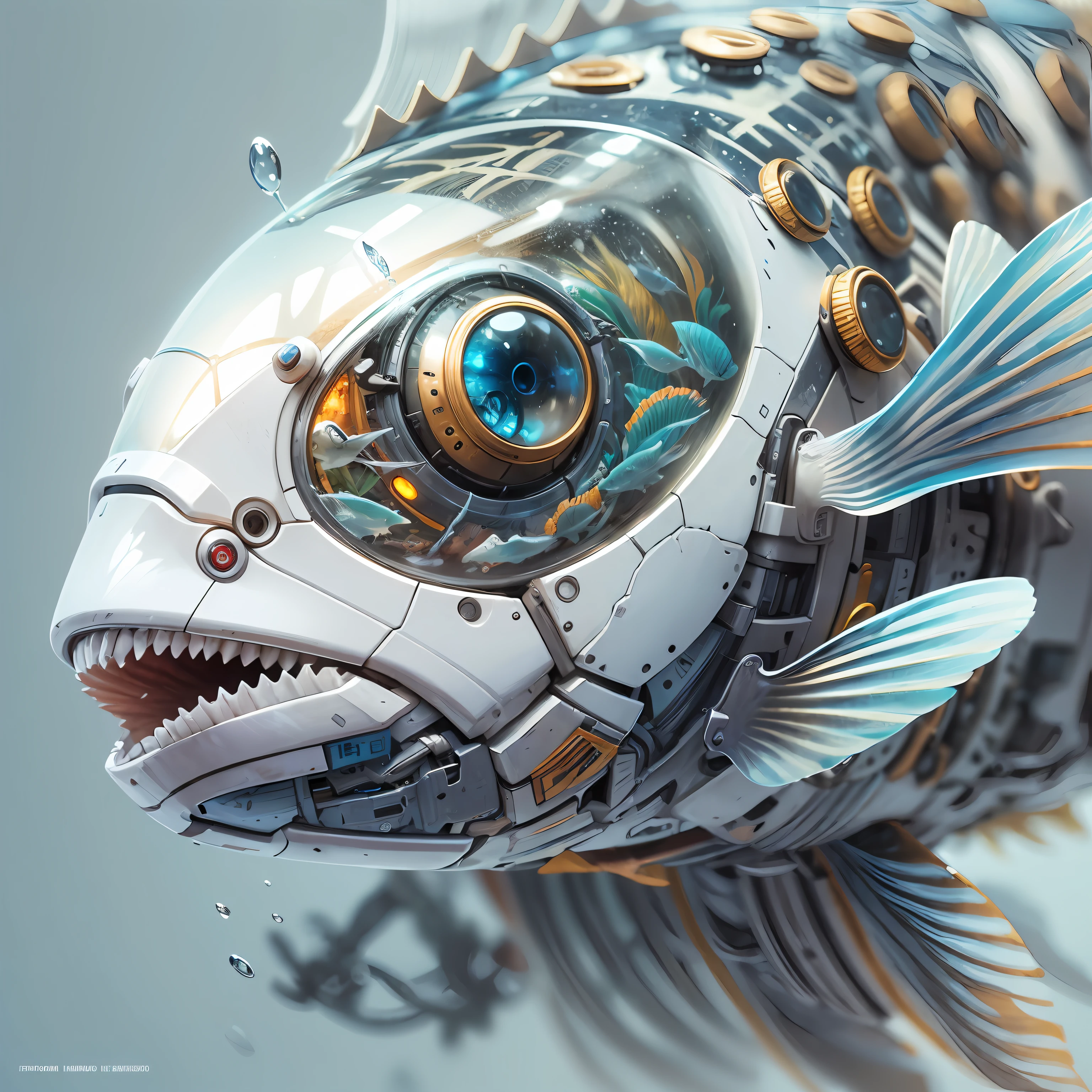 Bionic marine fish, half is mechanical, half is fish, whitebackground, High contrast, Ultra - detailed realistic cinematic lighting, Highly detailed, Clear Focus, illustartion, surrealism, Photo - realistic painting, Beautiful lighting, Volume, 8K, RA 16: 9 —s 250