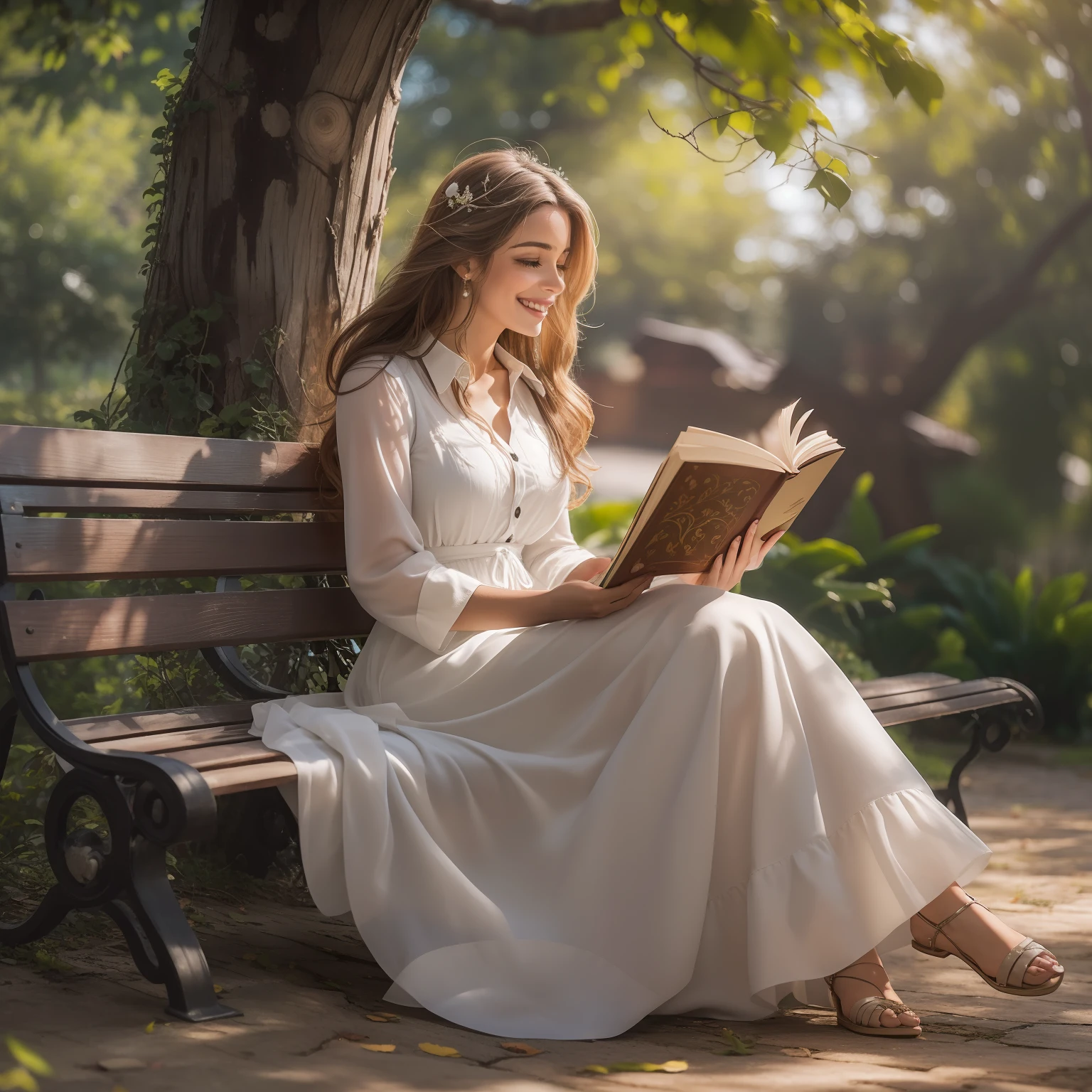 A beautiful woman is sitting on a bench in a park. She's wearing a long, vestido branco, and your hair is loose. She's reading a book, and the sun is shining on your face. There's a tree behind it, and the leaves sway in the wind. The air is filled with the sound of birds singing. The woman is smiling, e ela parece estar feliz.