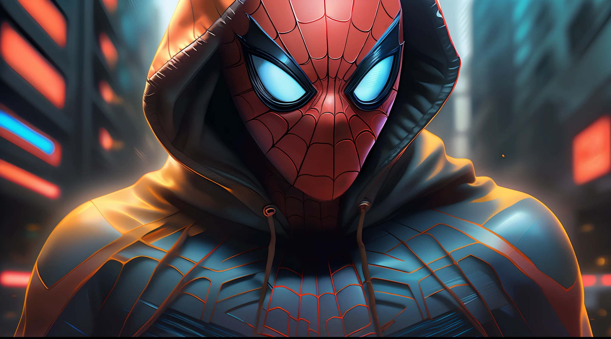 spider - man in a hoodie standing in a city at night, futuristic style spiderman, miles morales!!!, miles morales, wallpaper 4 k, wallpaper 4k, spider - verse art style, into the spiderverse, hq 4k wallpaper, into the spider verse, spiderverse, hero pose colorful city lighting, wojtek fus, 8k render”