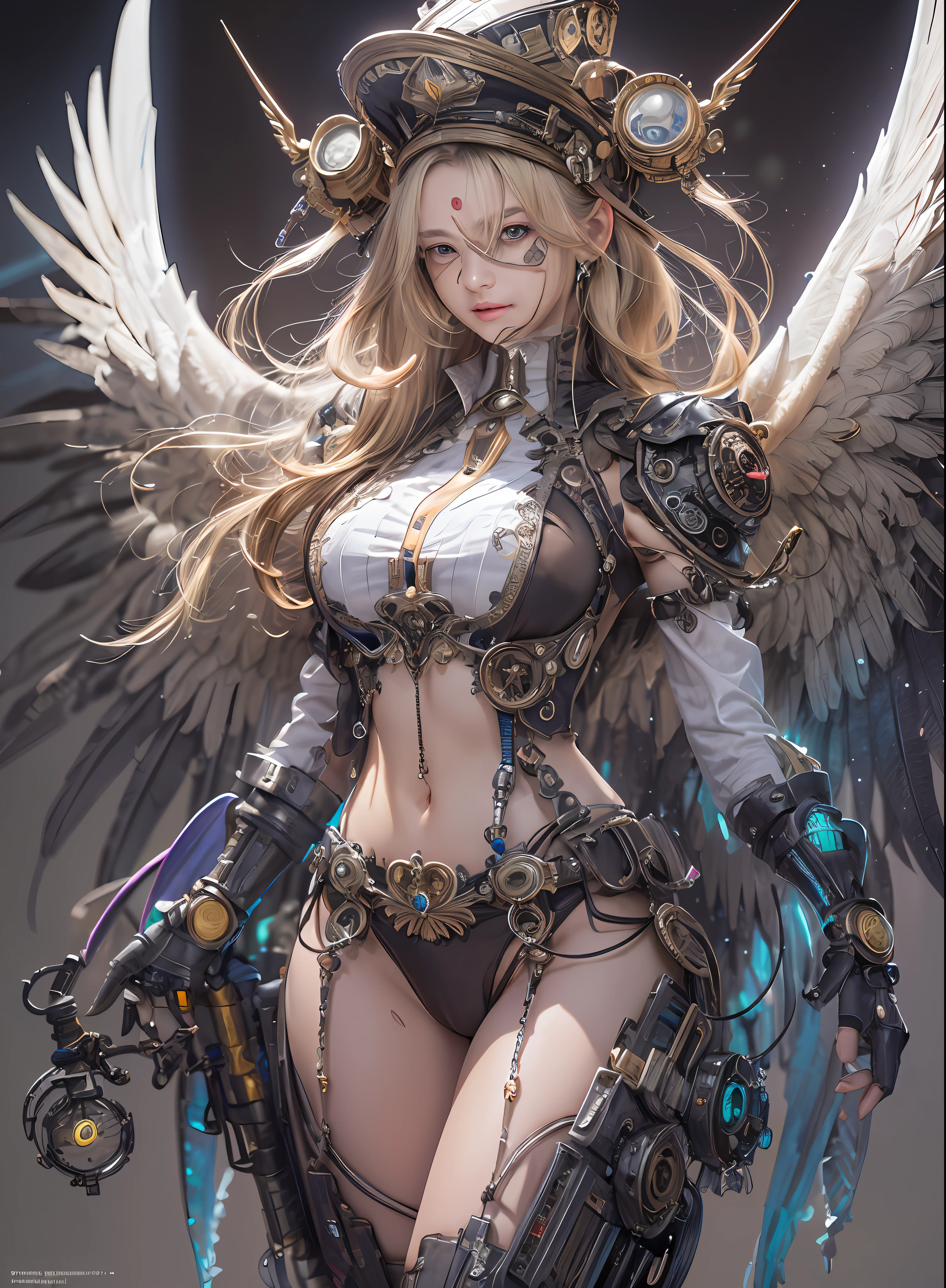 top-quality、masterpiece、超A high resolution、(Photorealsitic:1.4)、Raw photo、女の子1人、a blond、glowy skin、1. Steampunk Angel Cyborg、large metal wings、((super realistic details))、portlate、globalillumination、Shadow、octan render、8K、ultrasharp、Colossal tits、Raw skin is exposed in cleavage、metals、Details of complex ornaments、Steampunk details、Hydraulic cylinder、highly intricate detail、Realistic light、CGSoation Trends、a purple eye、radiant eyes、Facing the camera、neon details、Mechanical limbs、blood vessels connected to tubes、Mechanical vertebrae attached to the back、mechanical cervical attaching to neck、cowboy shot、Wires and cables connecting to the head、Sumerian details、Small LED lamp、