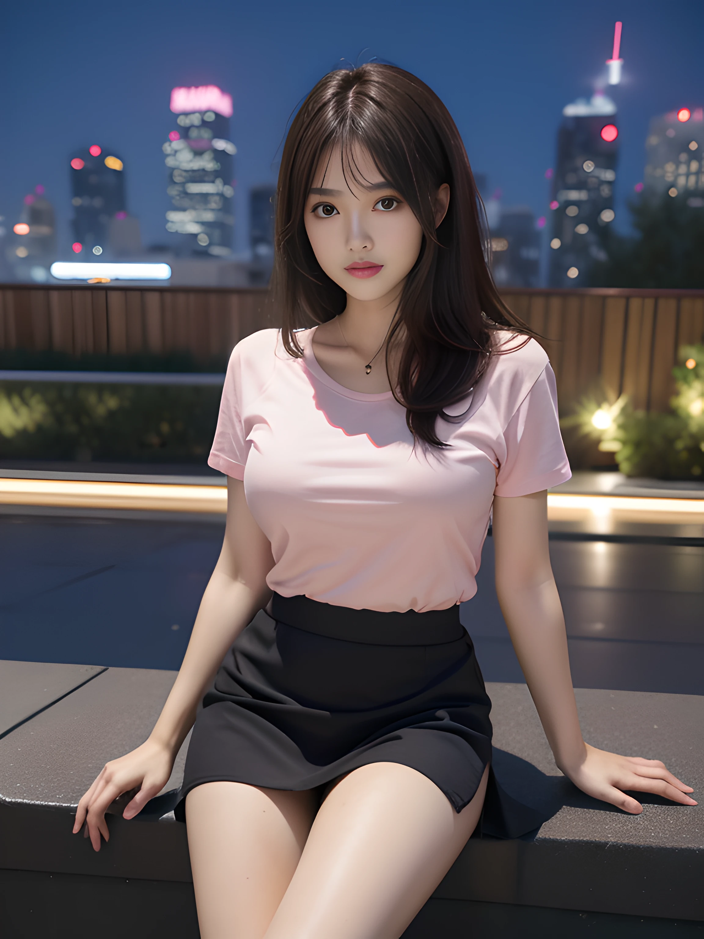 ((midynight, Acura, 8K, tmasterpiece: 1.3)), full bodyesbian, long leges, Focalors: 1.2, perfect figure beautiful woman: 1.4, Slim abs: 1.1, (dark brown hair,: 1.2 )), (Pink skinny T-shirt, short skirt,sitting on a stool: 1.2), (city night scene, the roof: 1.3)), Highly Detailed Face and Skin Textur, detailedeyes, 二重まぶた,
