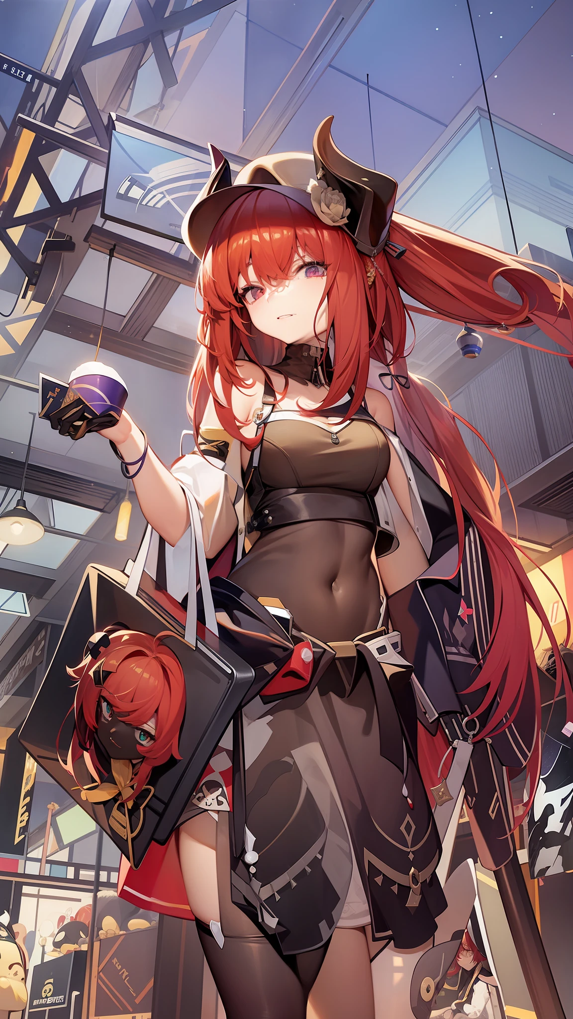 Anime girl with red hair wearing sailor hat in store, azur lane style, Best Rated on pixiv, Waifu, A scene from the《azur lane》videogame, pixiv daily ranking, Kantai collection style, From Arknights, girls frontline style, 《azur lane》role, Pixiv style, light novel cover art, Digital cyberpunk anime art, from girls frontline