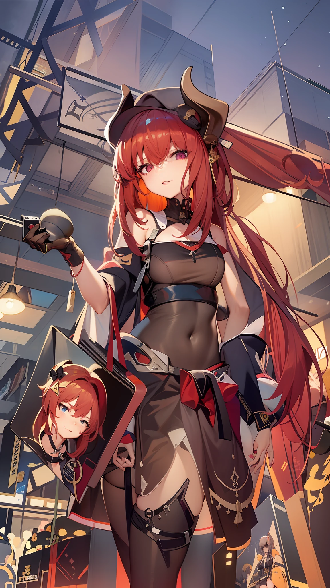 Anime girl with red hair wearing sailor hat in store, azur lane style, Best Rated on pixiv, Waifu, A scene from the《azur lane》videogame, pixiv daily ranking, Kantai collection style, From Arknights, girls frontline style, 《azur lane》role, Pixiv style, light novel cover art, Digital cyberpunk anime art, from girls frontline