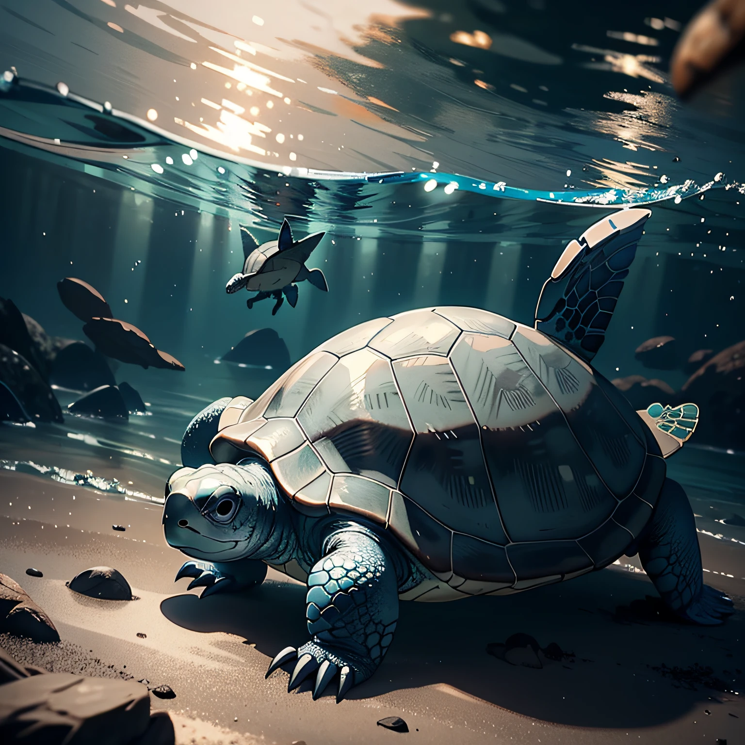 A turtle，Turtle，light gray，in  the water，Ultra HD masterpiece，imagem de qualidade alta
