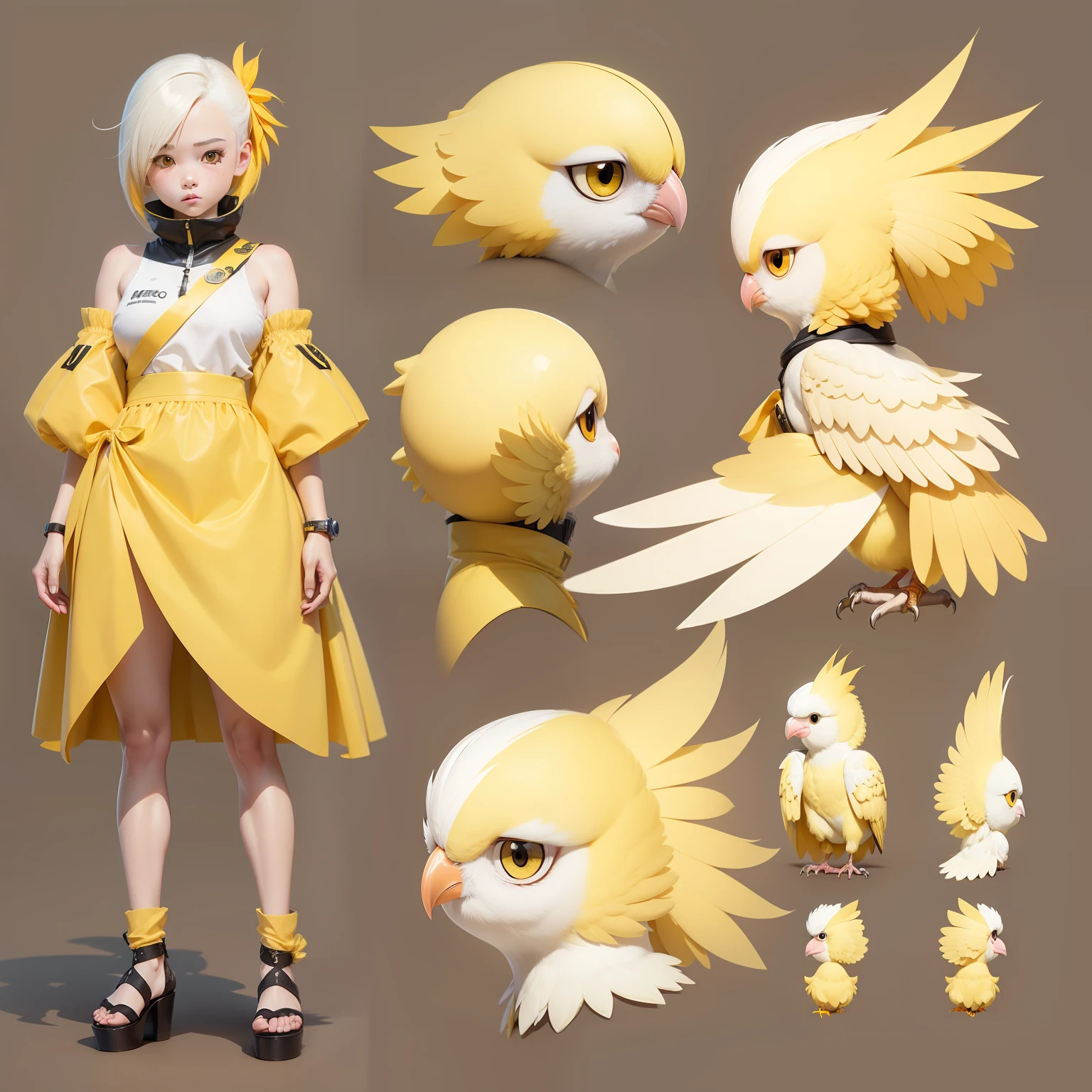 white cockatiel with yellow Chibi, model sheet, hiper realistc, 8K.