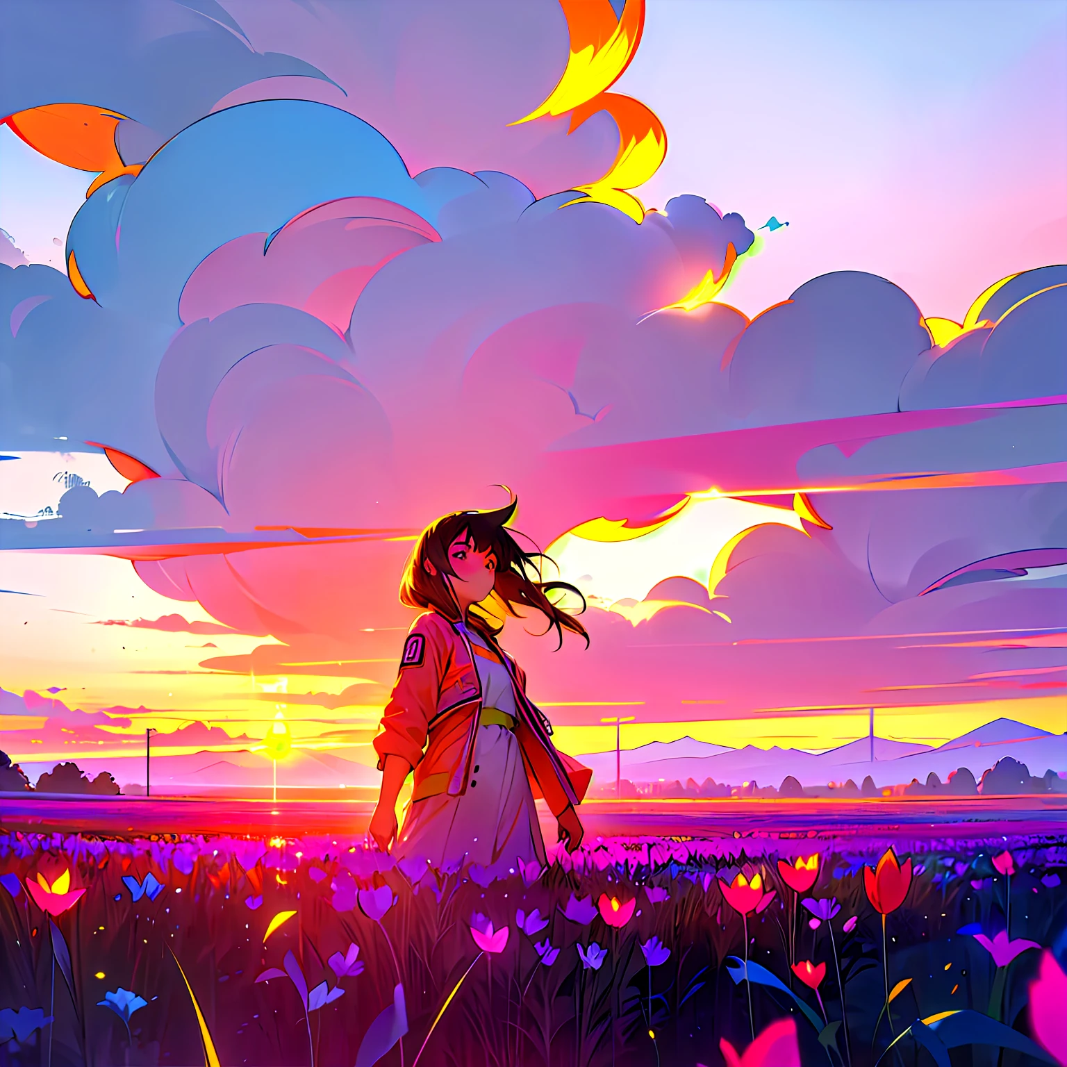 girl standing in field of neon flowers, detailed face, mid shot, clouds, sunrise