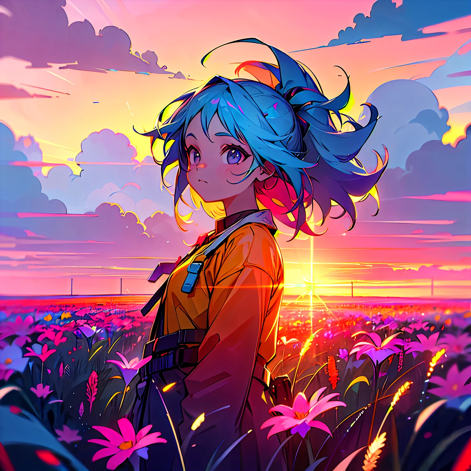 girl standing in field of neon flowers, detailed face, mid shot, clouds, sunrise