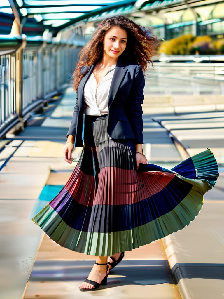 (very shy smiling) young woman, authentic (kind and tender) good woman wearing a short blazer with a very very detailed (long (fully pleated) full circle skirt) and (simple) low heeled office shoes, very very intricate hyper-detailed symmetric (attractive graceful young feminine face) with (sad, tired eyes and a shy smile), large breasts, full of empathy and compassion and love, (pronounced (feminine) features), (highly detailed ultra accurate realistic) hands and fingers, (windy conditions and wind blowing), epic composition, highly detailed attributes, highly detailed atmosphere, (35mm f1.4 Kodak portra 400 photograph), extremely high quality RAW photograph, detailed background, intricate, Exquisite details and textures,