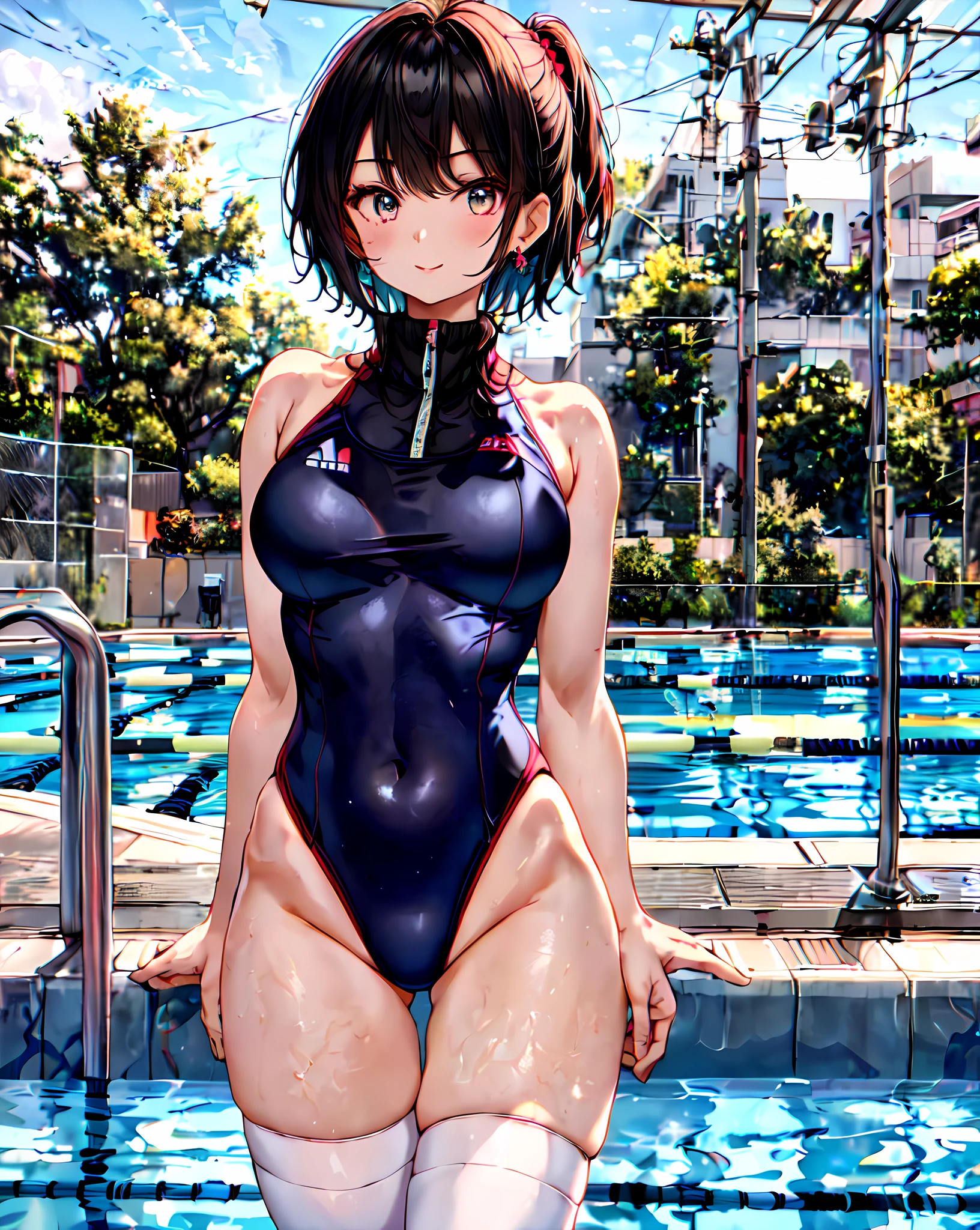 (masterpiece, best quality:1.37), highres, ultra-detailed, ultra-sharp, BREAK, Korean school idol, (((1girl:1.37, solo))), (beautiful anime face, cute face, detailed face), (black hair, thin hair, short hair, bangs, hime-cut), detailed beautiful cyan eyes, BREAK, ((red short tracksuit, Parted clothes at the top and bottom:1.5, (wear tracksuit top over school swimsuit:1.2), (tracksuit covers the bosom of the swimsuit:1.1), (blue one-piece swimsuit:0.8), (white thighhighs:1.2), loafers,)), BREAK, lovely look, water melon earing, detailed clothes), light smile, closed mouth, parted lips, pink lipstick, BREAK, ((standing, arms behind back,:1.3, cowboy shot)), detailed human hands, HDTV:1.2, ((detailed competition pool view background:1.3)), 8 life size, slender, anime style, anime style school girl, perfect anatomy, perfect proportion, inspiration from Kyoto animation and A-1 picture, late evening, excellent lighting, bright colors, clean lines, photorealistic