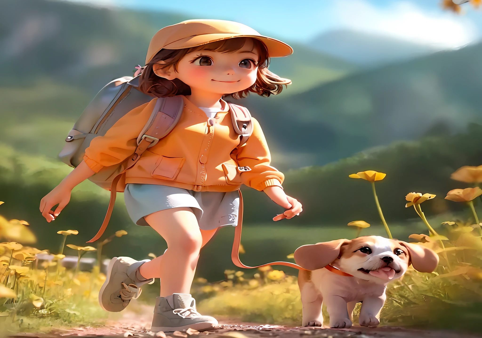 Tip: A very charming  girl with a backpack and her cute puppy enjoying a lovely spring outing surrounded by beautiful yellow flowers and nature. The illustration is a high-definition illustration in 4k resolution, featuring highly detailed facial features and cartoon-style visuals.