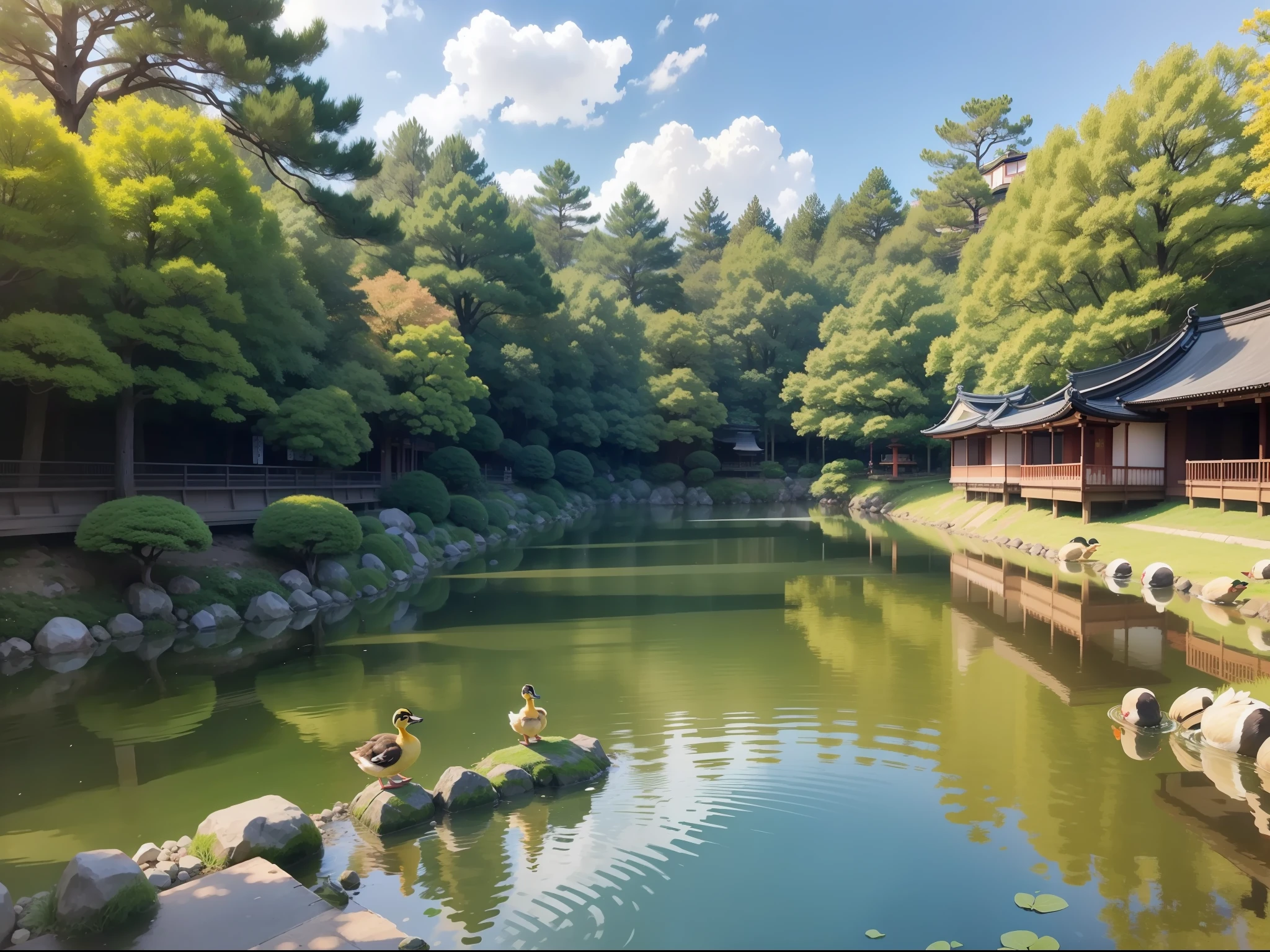 At Maruyama Park in Kyoto、Duck parent and duck parent and child swim well with each other。The season is early summer、the temperature is very pleasant、The sky is clear and sky blue is a nice looking view。