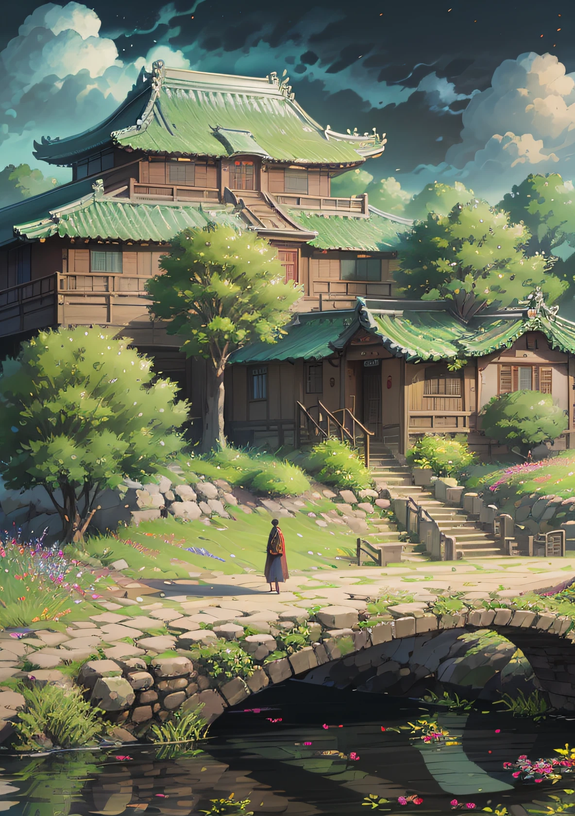 A poster of Fenghui Ancient Town, with the theme of "Fenghui Ancient City is Youth", deeply explores the tourism and cultural heritage of Fenghui Town. With youth, creativity and vitality to tell the story of the rejuvenation of the ancient city, spread the harmonious and beautiful image of the ancient city, Fenghui has a deep cultural heritage, rich tourism resources, Fenghui Town seeks prosperity with ancient times, promotes the in-depth integration and development of the cultural tourism industry, and is committed to building a youthful and vibrant thousand-year-old city in the Yangtze River Delta region. Describe the lively scene of Fenghui Ancient City, from a long perspective, there is a small river in the axis of the painting, boats come and go in the small river, (an arch bridge spans both sides of the river, 7~8 pedestrians enjoy the scenery on the arch bridge), pedestrians on both sides come and go, ink painting style, simple Chinese architecture, super detailed, epic communication, huge paintings, highest quality, supersaturated, 32 --v 6