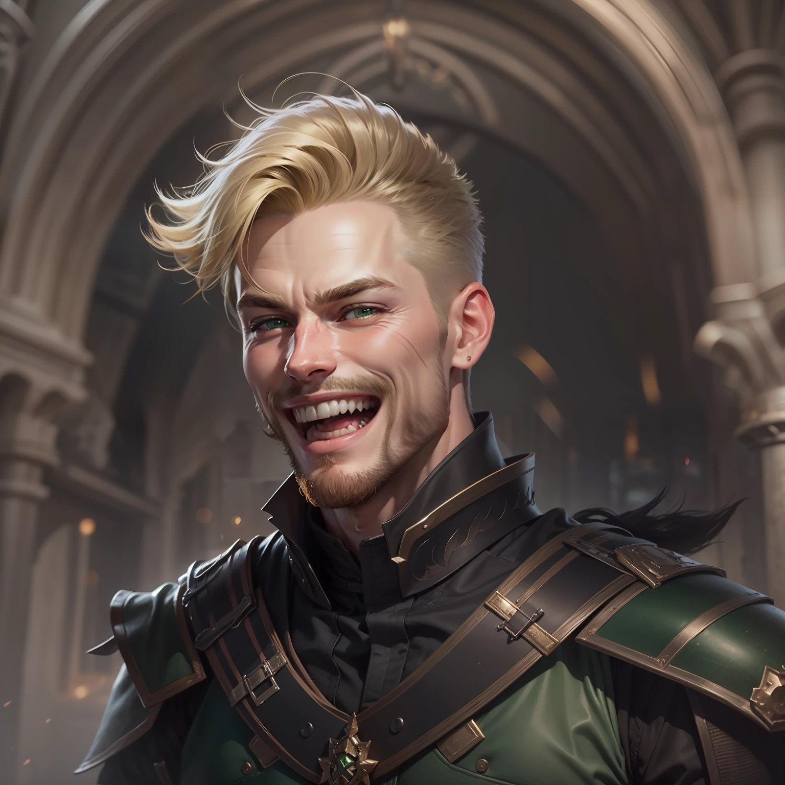 realistic image of a blond man, short hair, handsome, 32 years old, green eyes, dressed in black attire with RPG warrior style green shoulder pads, laughing extremely detailed teeth in a large royal hall