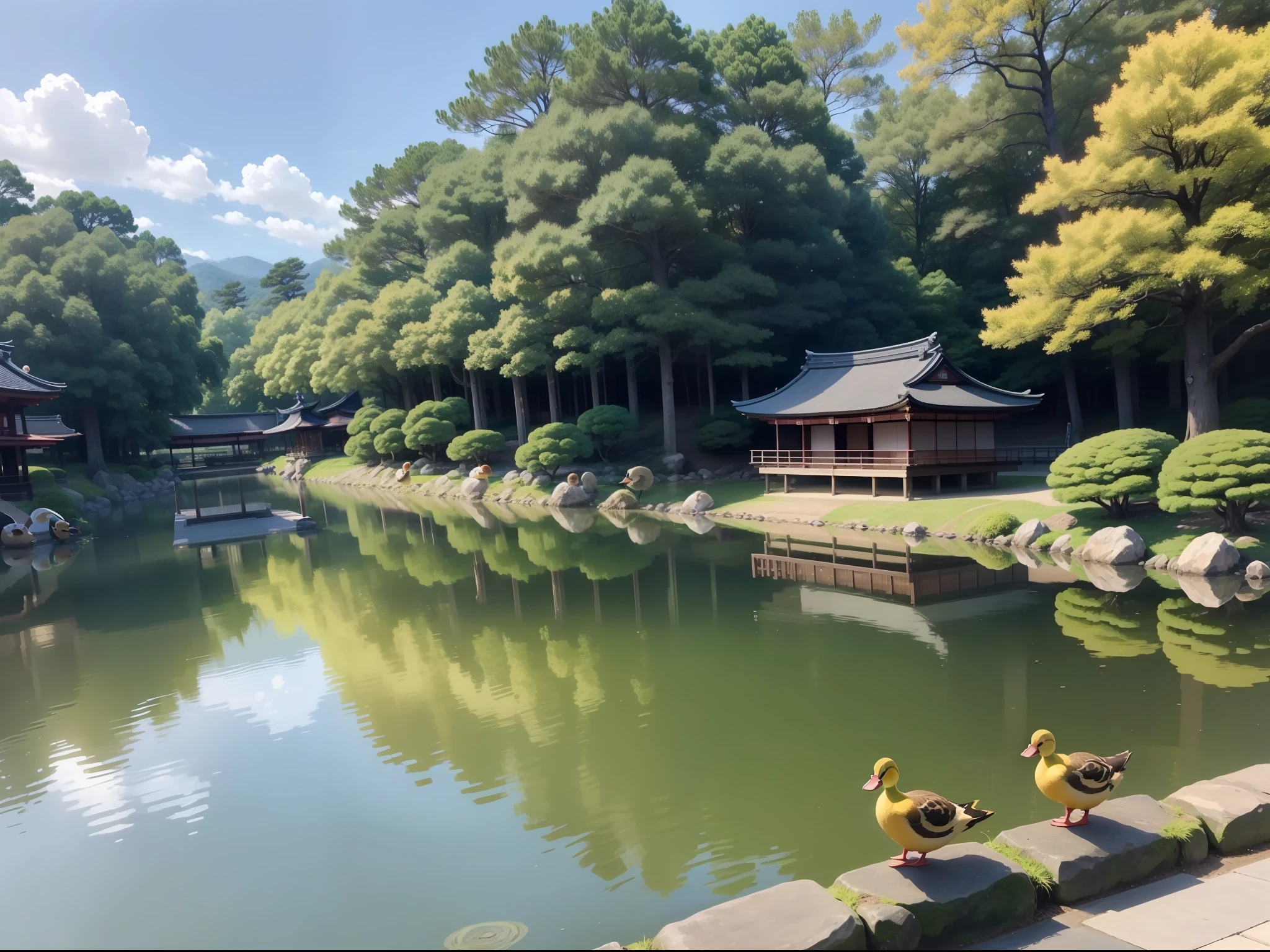 At Maruyama Park in Kyoto、Duck parent and duck parent and child swim well with each other。The season is early summer、the temperature is very pleasant、The sky is clear and sky blue is a nice looking view。