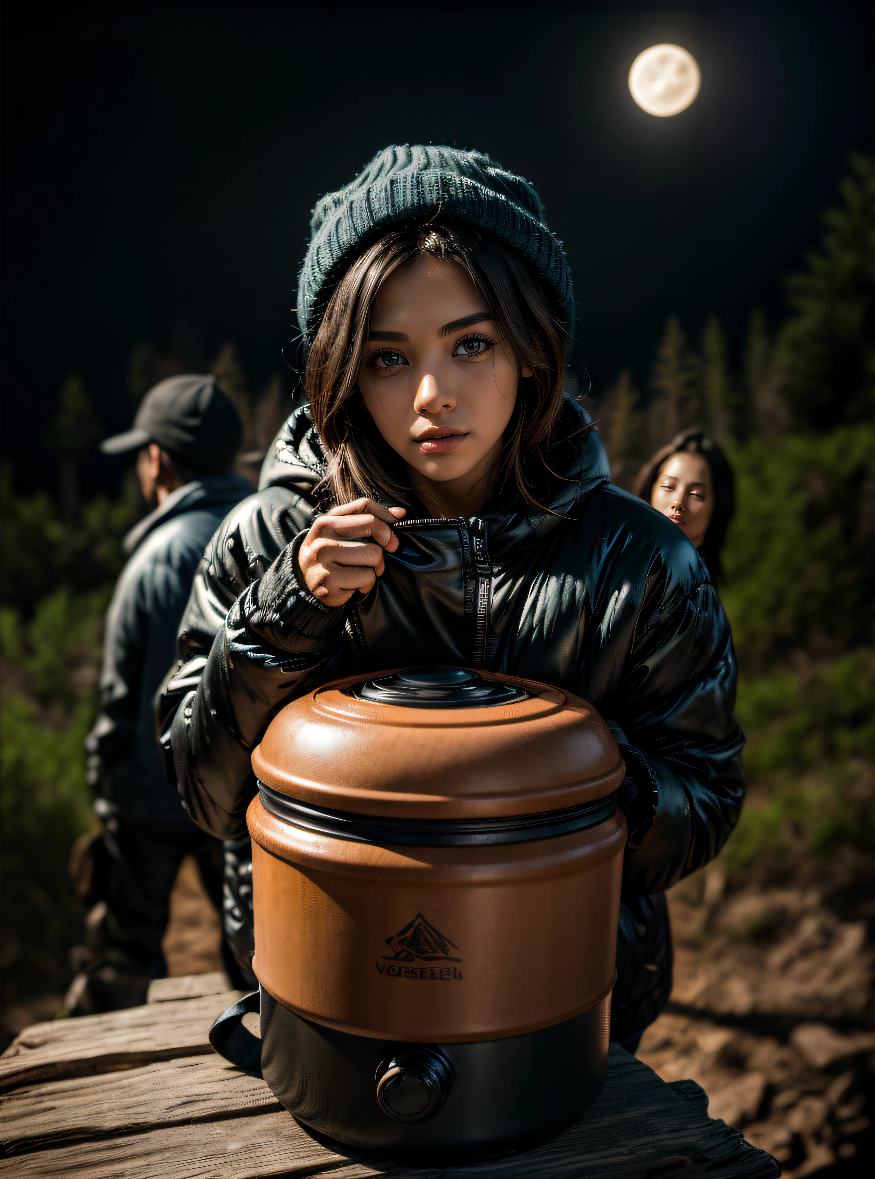((upper body selfie, happy)), solo, outdoors, (night), mountains, nature, (stars, moon) cheerful, happy, backpack, sleeping bag, camping stove, water bottle, mountain boots, gloves, sweater, hat, flashlight, forest, rocks, river, wood, smoke, shadows, contrast, clear sky, analog style (look at viewer:1.2) (skin texture) (film grain:1.3), (warm hue, warm tone:1.2), ((gigantic tits:1.5)), realistic nipples, (capturing the enchanting lighting of the sunset:1.1), (enhancing the beauty of her green-colored hair:1.3) Hyper-detailed, insane details, Beautifully color graded, Unreal Engine, DOF, Cinematic Lightning, Anti-Aliasing, Insanely detailed and intricate, Photorealistic, ultra photoreal, ultra- detailed, intricate details,8K, Super detailed , Full color, Volumetric lightning, HDR, Realistic, Unreal Engine, 16K, Sharp focus, Octane render