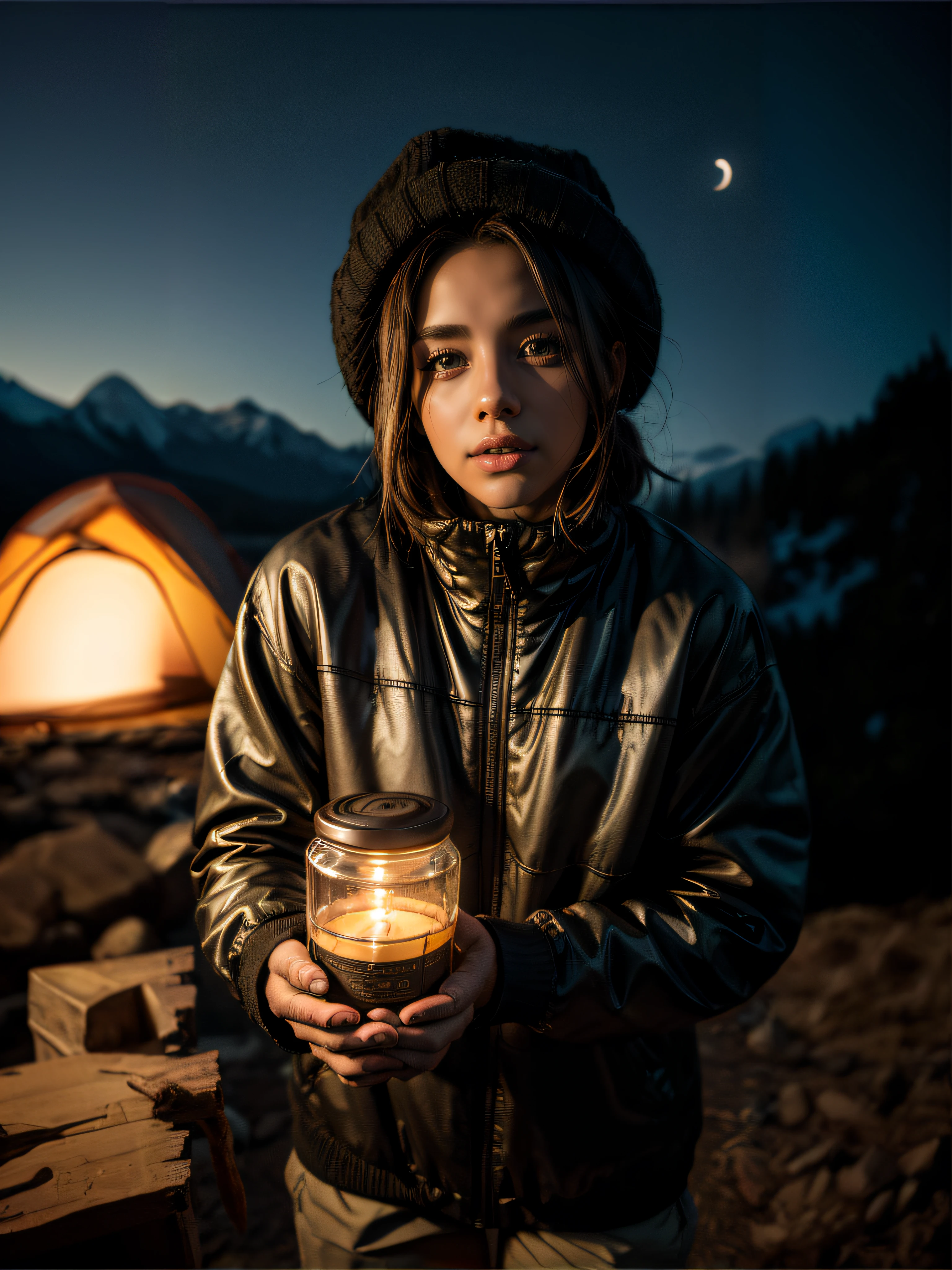 ((upper body selfie, happy)), solo, outdoors, (night), mountains, nature, (stars, moon) cheerful, happy, backpack, sleeping bag, camping stove, water bottle, mountain boots, gloves, sweater, hat, flashlight, forest, rocks, river, wood, smoke, shadows, contrast, clear sky, analog style (look at viewer:1.2) (skin texture) (film grain:1.3), (warm hue, warm tone:1.2), ((gigantic tits:1.5)), realistic nipples, (capturing the enchanting lighting of the sunset:1.1), (enhancing the beauty of her green-colored hair:1.3) Hyper-detailed, insane details, Beautifully color graded, Unreal Engine, DOF, Cinematic Lightning, Anti-Aliasing, Insanely detailed and intricate, Photorealistic, ultra photoreal, ultra- detailed, intricate details,8K, Super detailed , Full color, Volumetric lightning, HDR, Realistic, Unreal Engine, 16K, Sharp focus, Octane render