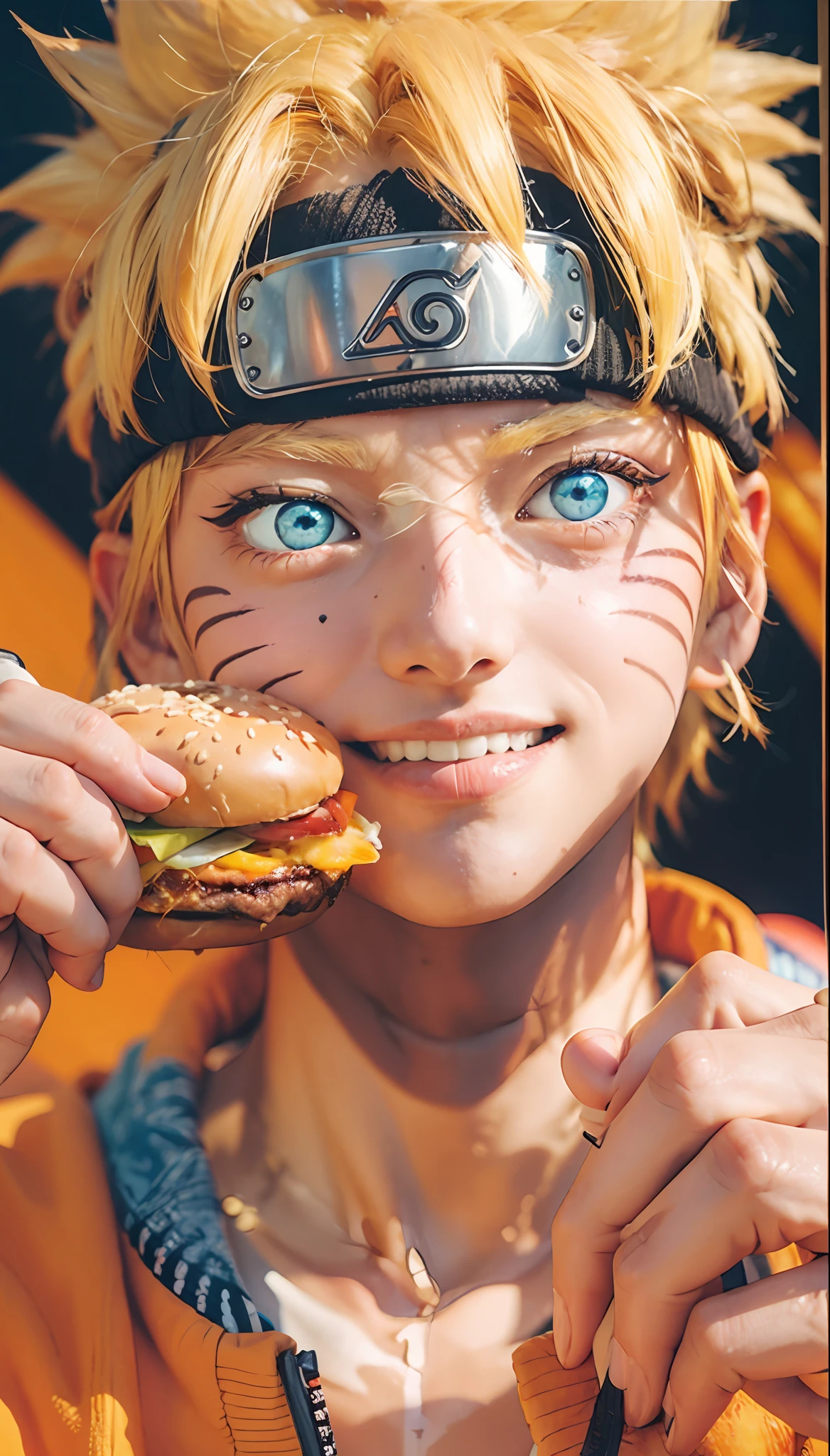 Naruto Uzumaki, Eating a hamburger , muito bunito, 25 anos de idade, extremamente realista, com roupas na cor laranja e azul, fundo lanchonete