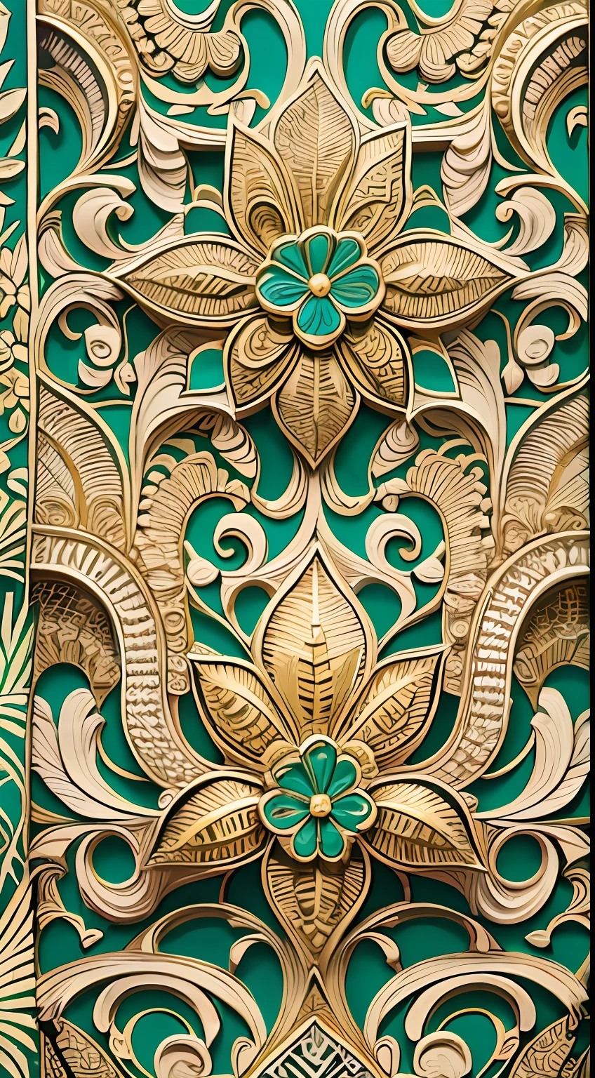 obra maestra, Amazing and intricate Hawaiian decoration repeating pattern, profundidad de campo, papel decorativo de pared estilo  art-Deco, De color, Beautiful, elegante, papel tapiz, HQ, La mejor calidad, Epic Quality, Epic resolution, Intrincada epopeya, verde intenso y oro,