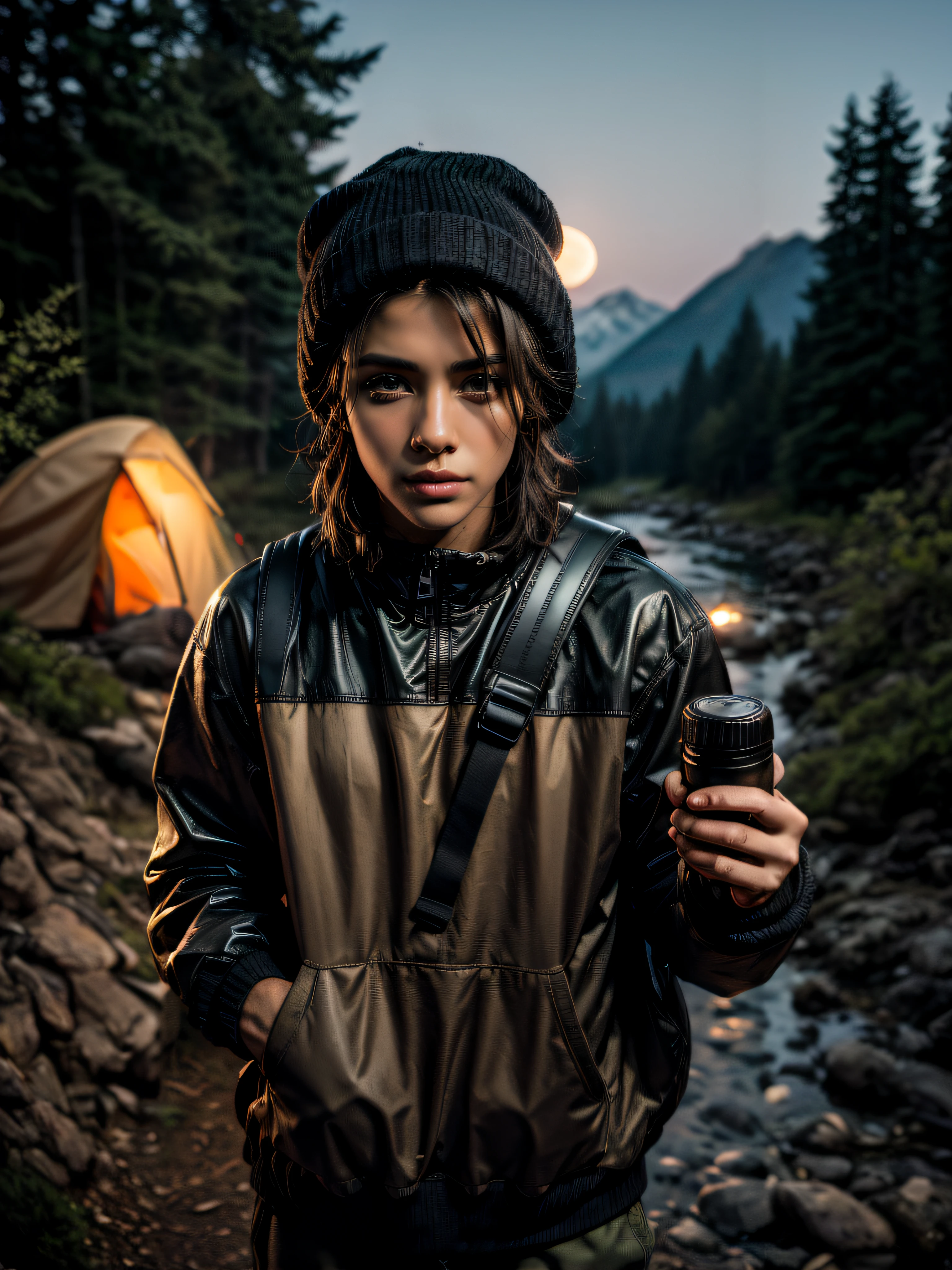 ((upper body selfie, happy)), solo, outdoors, (night), mountains, nature, (stars, moon) cheerful, happy, backpack, sleeping bag, camping stove, water bottle, mountain boots, gloves, sweater, hat, flashlight, forest, rocks, river, wood, smoke, shadows, contrast, clear sky, analog style (look at viewer:1.2) (skin texture) (film grain:1.3), (warm hue, warm tone:1.2), ((gigantic tits:1.5)), realistic nipples, (capturing the enchanting lighting of the sunset:1.1), (enhancing the beauty of her green-colored hair:1.3) Hyper-detailed, insane details, Beautifully color graded, Unreal Engine, DOF, Cinematic Lightning, Anti-Aliasing, Insanely detailed and intricate, Photorealistic, ultra photoreal, ultra- detailed, intricate details,8K, Super detailed , Full color, Volumetric lightning, HDR, Realistic, Unreal Engine, 16K, Sharp focus, Octane render
