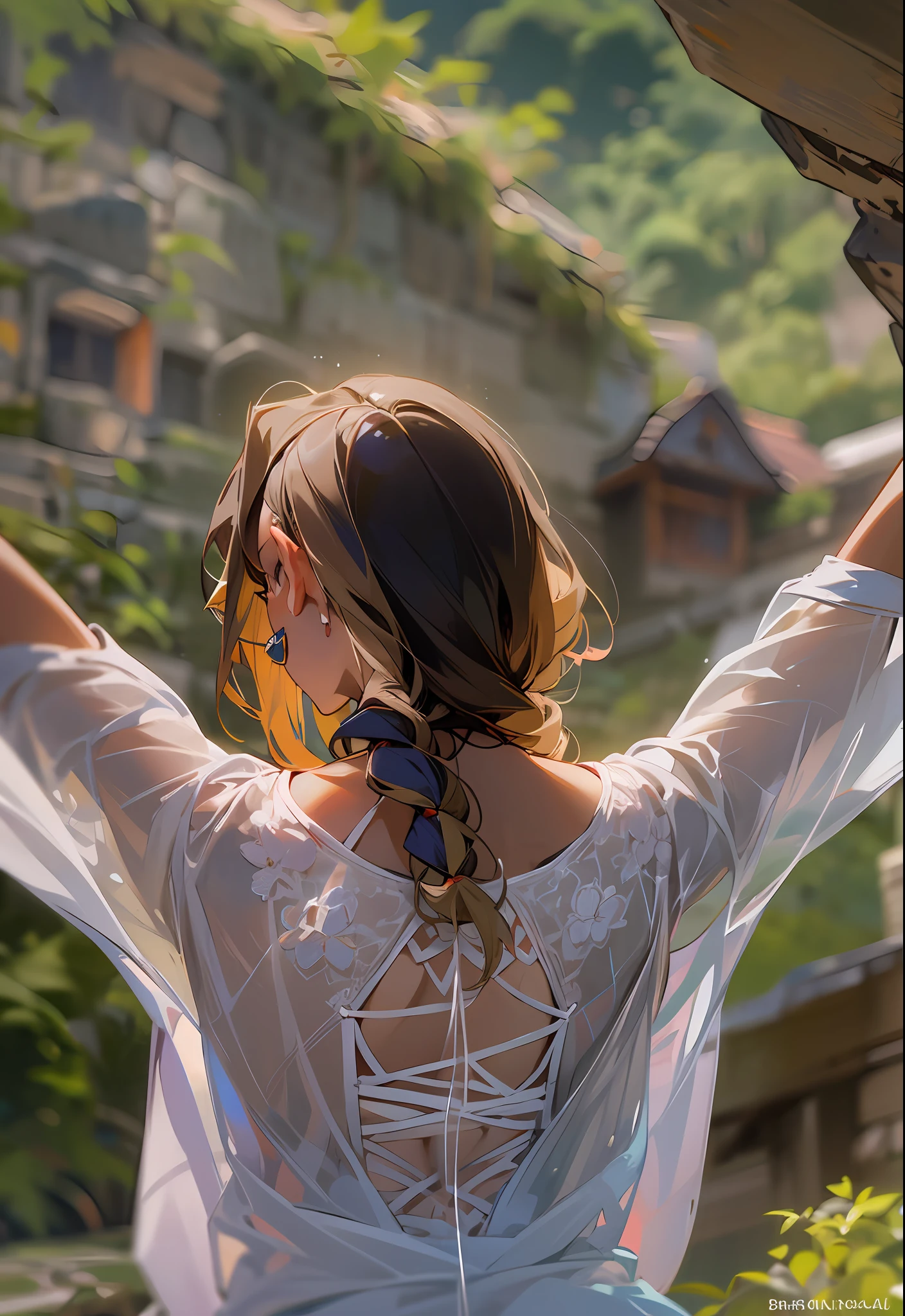 There's an elf (Arshes No de Bastard) ultra thin bikini, elfa adulta de 30 anos, Morena, marrom (Kyra gostosa garota sexy), (Camgirl), (onlyfans) posando sob um arco de pedra arruinado, Ancestral ruins, covered by vegetation and vineyards, Aztec Ancient Ruins, cinematic natural light, dust particles in light, Bottom view, Bottom viewing angle, olhar de baixo para cima, olhando de baixo, close de baixo, MULHER SEXY, sensual, provocador, cabelos escuros, hair with a long braid over the chest, smaller braids on the head, cabelo cinza escuro |, olhar sexy provacante, olhos verdes, branca, sarda no rosto, realista, boca entreaberta, sensualidade ao extremo, Seios enormes (Oppai), massive breasts, seios grandes soltos (Latina Jennifer Mendez adult video 1 8 years), seios arredondados, seios grandes (Angela White) com pintas, sardas, Fundo, sardas no peito, piercing na barriga, barriga sexy, barriga levemente marcada, Fofa, sexy :8, A partir de 8 K fosco, sexy look at the camera, Ultra thin white bra, molhado, transparente, pose atraente, ultra thin bikini, tanga amarrada na cintura, Branco, bikini squeezing breasts, seios explodindo, bicos duros, mamilos endurecidos, enrijecidos, Excitado, lascivo, provocador, corpo sexy, quadril largo, coxa grossa, Pose sexy, Realistic bikini, corpo perfeito, 4k], Tiny white bra, 4 mil ], Sling bikini, realista, perfect  lighting, contraste perFeito, sombra,Bottom view, camera from below, realista, filtro escuro, profundidade, 4k