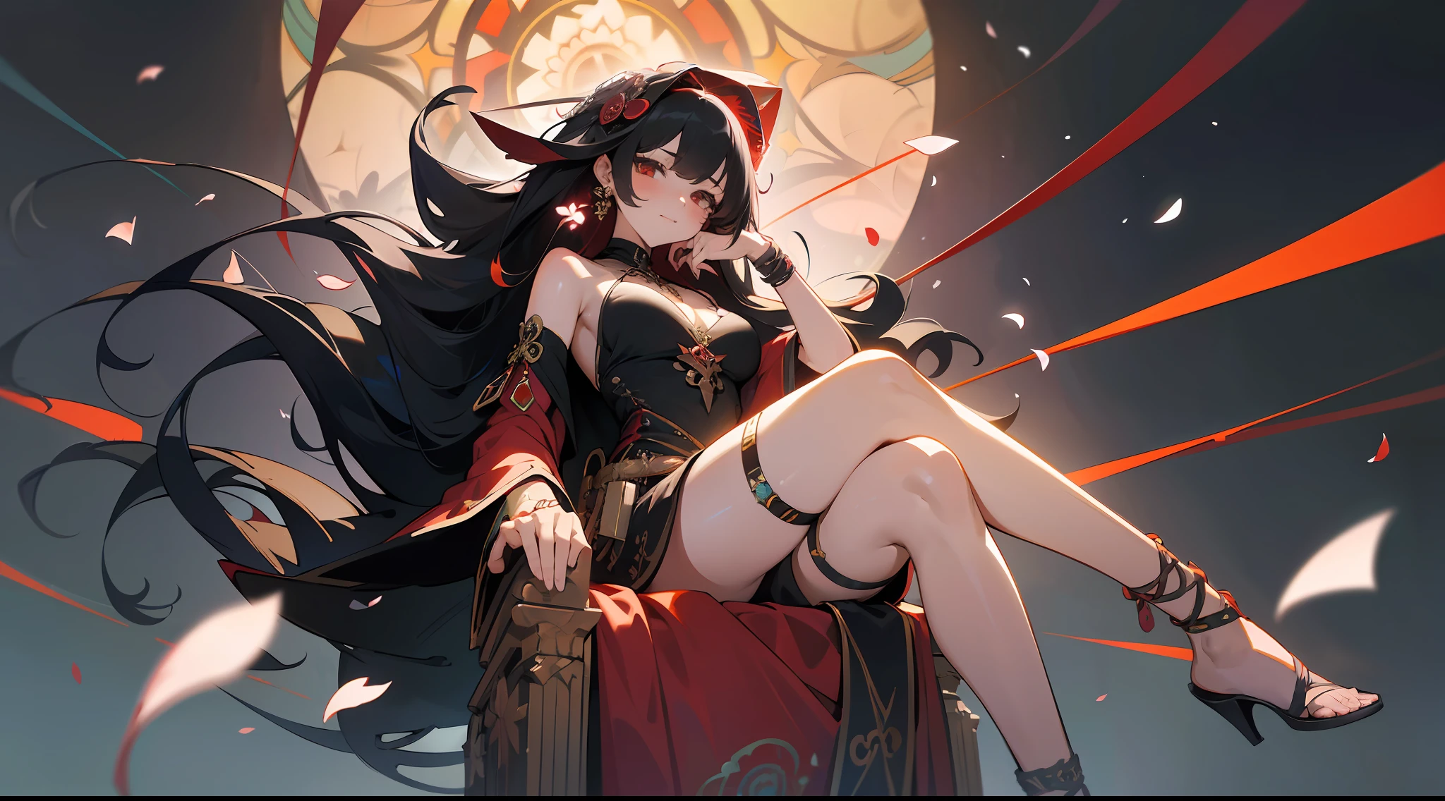 (8k, highres, official art, masterpiece, best quality:1.2),depth of field, brutalist designed, extreme detailed, (fractal art:1.3), colorful, (zentangle, mandala, tangle, entangle),
1girl, jewelry, solo, earrings, very long hair, thigh strap, tattoo, sitting, looking at viewer ,(red ribbon), anklet, thighlet, (floating petals:1.2), middle breasts, full body, close-up, well-built, red colored inner hair, black hair,
blush, Fucked silly, (dynamic angle: 1.2), crossed legs, bare shoulders, cleavage, on throne, black dress, relic, esoteric, mysterious, from below, dark background,
