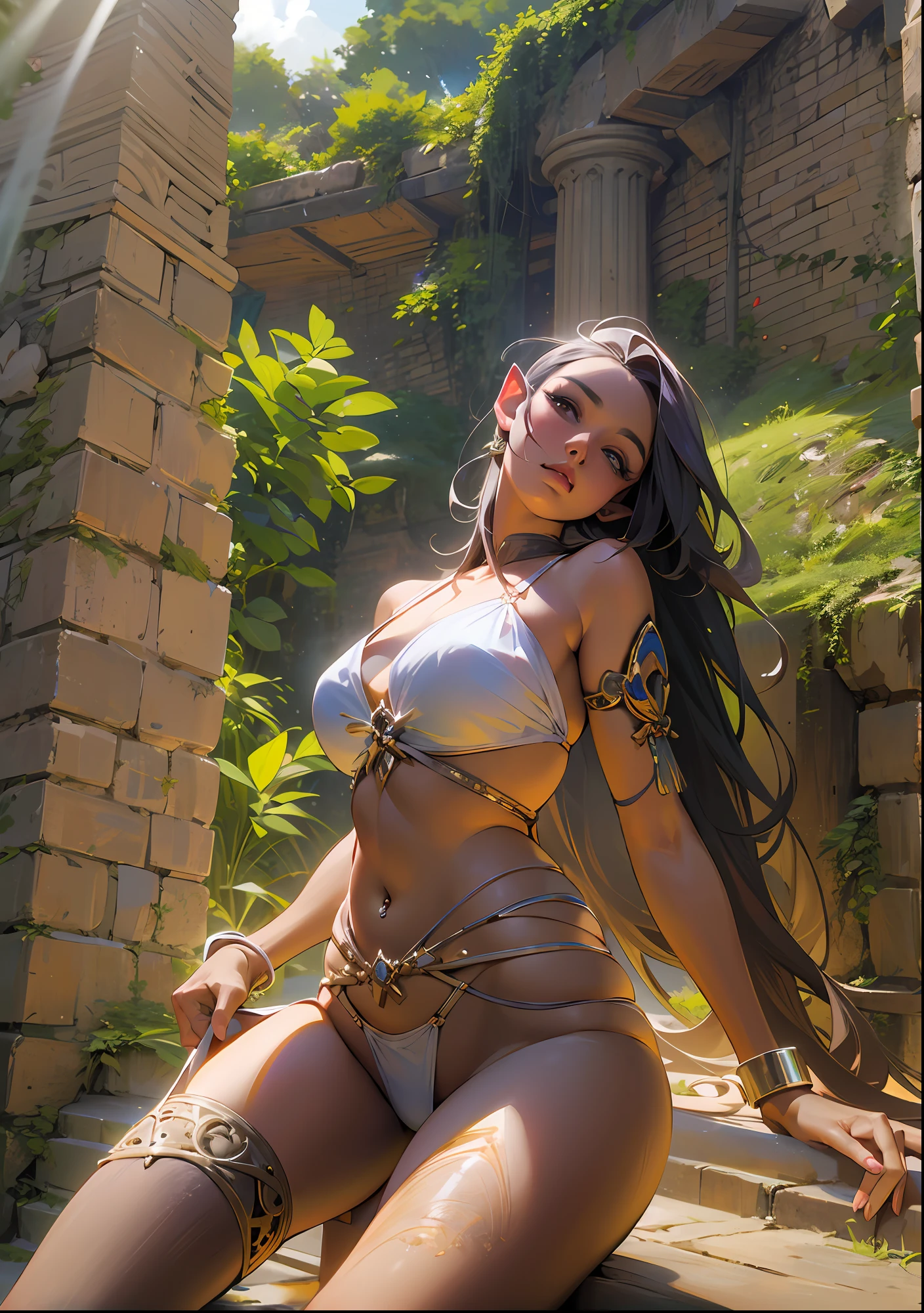 There's an elf (Arshes No de Bastard) ultra thin bikini, elfa adulta de 30 anos, Morena, marrom (Kyra gostosa garota sexy), (Camgirl), (onlyfans) posando sob um arco de pedra arruinado, Ancestral ruins, covered by vegetation and vineyards, Aztec Ancient Ruins, cinematic natural light, dust particles in light, Bottom view, Bottom viewing angle, olhar de baixo para cima, olhando de baixo, close de baixo, MULHER SEXY, sensual, provocador, cabelos escuros, hair with a long braid over the chest, smaller braids on the head, cabelo cinza escuro |, olhar sexy provacante, olhos verdes, branca, sarda no rosto, realista, boca entreaberta, sensualidade ao extremo, Seios enormes (Oppai), massive breasts, seios grandes soltos (Latina Jennifer Mendez adult video 1 8 years), seios arredondados, seios grandes (Angela White) com pintas, sardas, Fundo, sardas no peito, piercing na barriga, barriga sexy, barriga levemente marcada, Fofa, sexy :8, A partir de 8 K fosco, sexy look at the camera, Ultra thin white bra, molhado, transparente, pose atraente, ultra thin bikini, tanga amarrada na cintura, Branco, bikini squeezing breasts, seios explodindo, bicos duros, mamilos endurecidos, enrijecidos, Excitado, lascivo, provocador, corpo sexy, quadril largo, coxa grossa, Pose sexy, Realistic bikini, corpo perfeito, 4k], Tiny white bra, 4 mil ], Sling bikini, realista, perfect  lighting, contraste perFeito, sombra,Bottom view, camera from below, realista, filtro escuro, profundidade, 4k