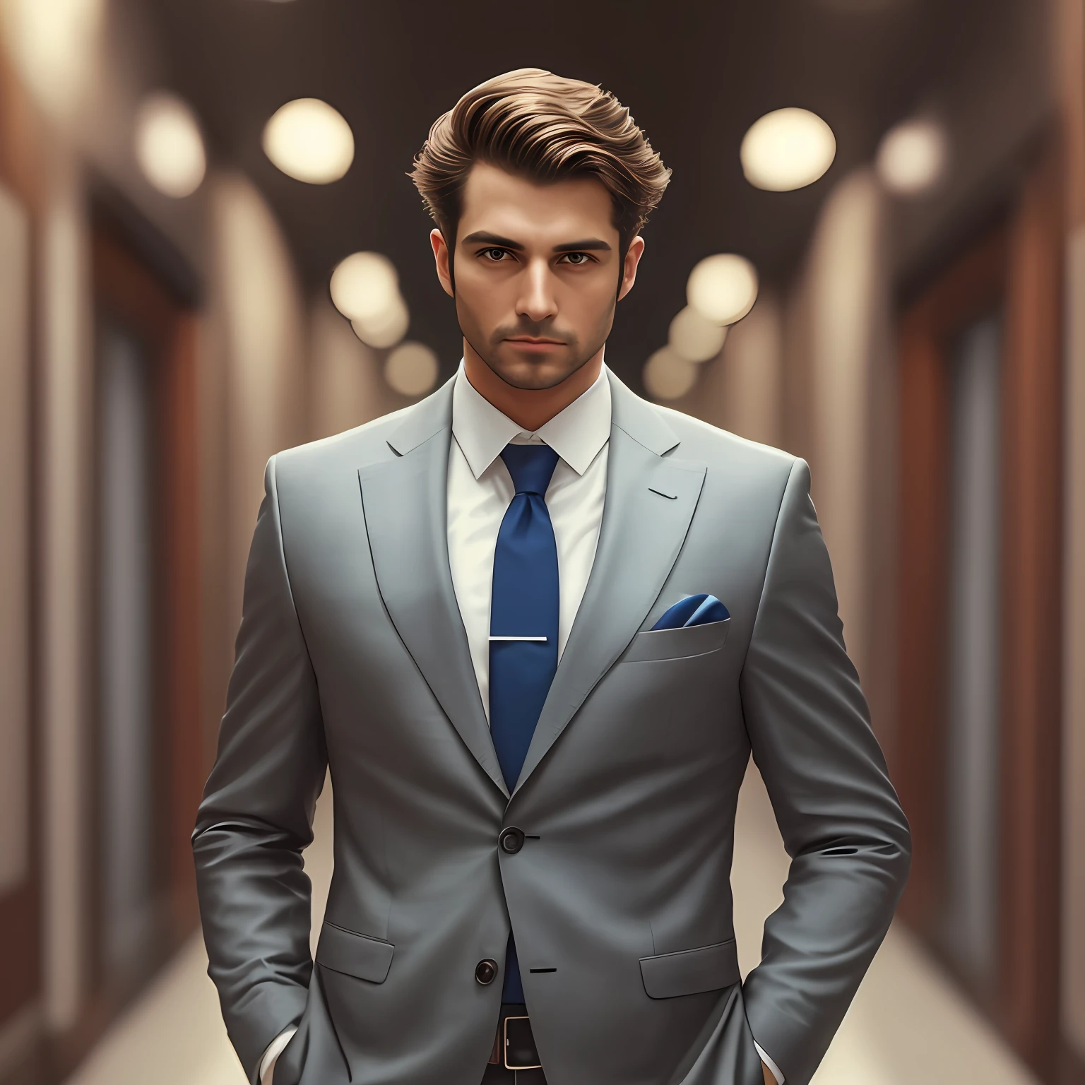 a man standing with 30 years in a suit and tie, Body and straight head in the photo, DSRL, de frente para o espectador da foto, olhos fitos para a lente, Appears shoulders and head in the photo, homem centralizado na foto, 8k, (Krusty), melhor qualidade, obra prima, realista, foto realista, foto de cinema, ultra realista, 1 pessoa, detalhado, perfect  lighting, DSRL, foto profissional, 4k --auto --s2
