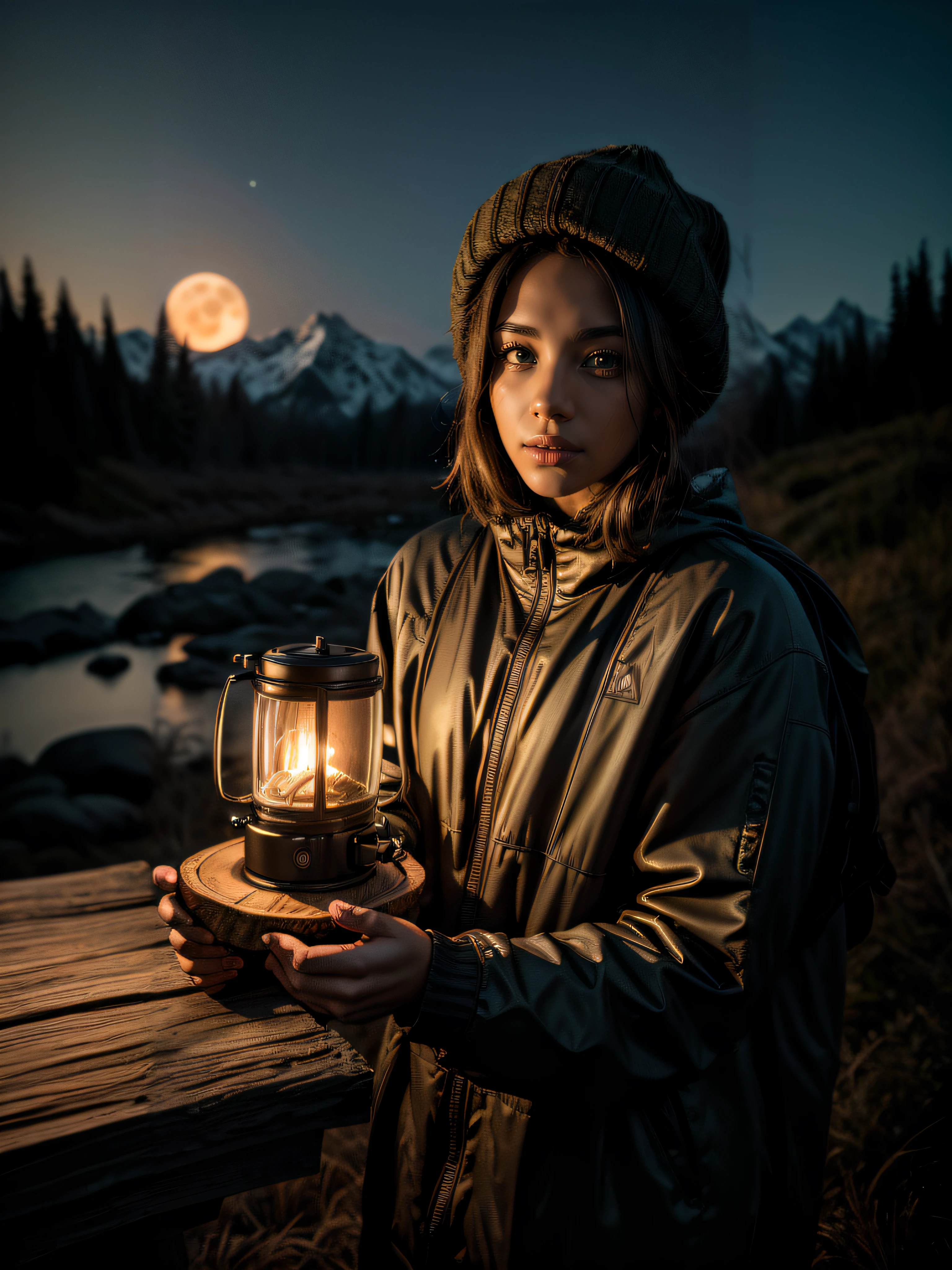 ((upper body selfie, happy)), solo, outdoors, (night), mountains, nature, (stars, moon) cheerful, happy, backpack, sleeping bag, camping stove, water bottle, mountain boots, gloves, sweater, hat, flashlight, forest, rocks, river, wood, smoke, shadows, contrast, clear sky, analog style (look at viewer:1.2) (skin texture) (film grain:1.3), (warm hue, warm tone:1.2), ((gigantic tits:1.5)), realistic nipples, (capturing the enchanting lighting of the sunset:1.1), (enhancing the beauty of her green-colored hair:1.3) Hyper-detailed, insane details, Beautifully color graded, Unreal Engine, DOF, Cinematic Lightning, Anti-Aliasing, Insanely detailed and intricate, Photorealistic, ultra photoreal, ultra- detailed, intricate details,8K, Super detailed , Full color, Volumetric lightning, HDR, Realistic, Unreal Engine, 16K, Sharp focus, Octane render