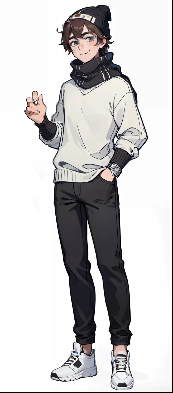 1boy, brown hair, cute, smile, white sweater, black Beanie, blue Scarf, black t-shirt, black jean, white shoe