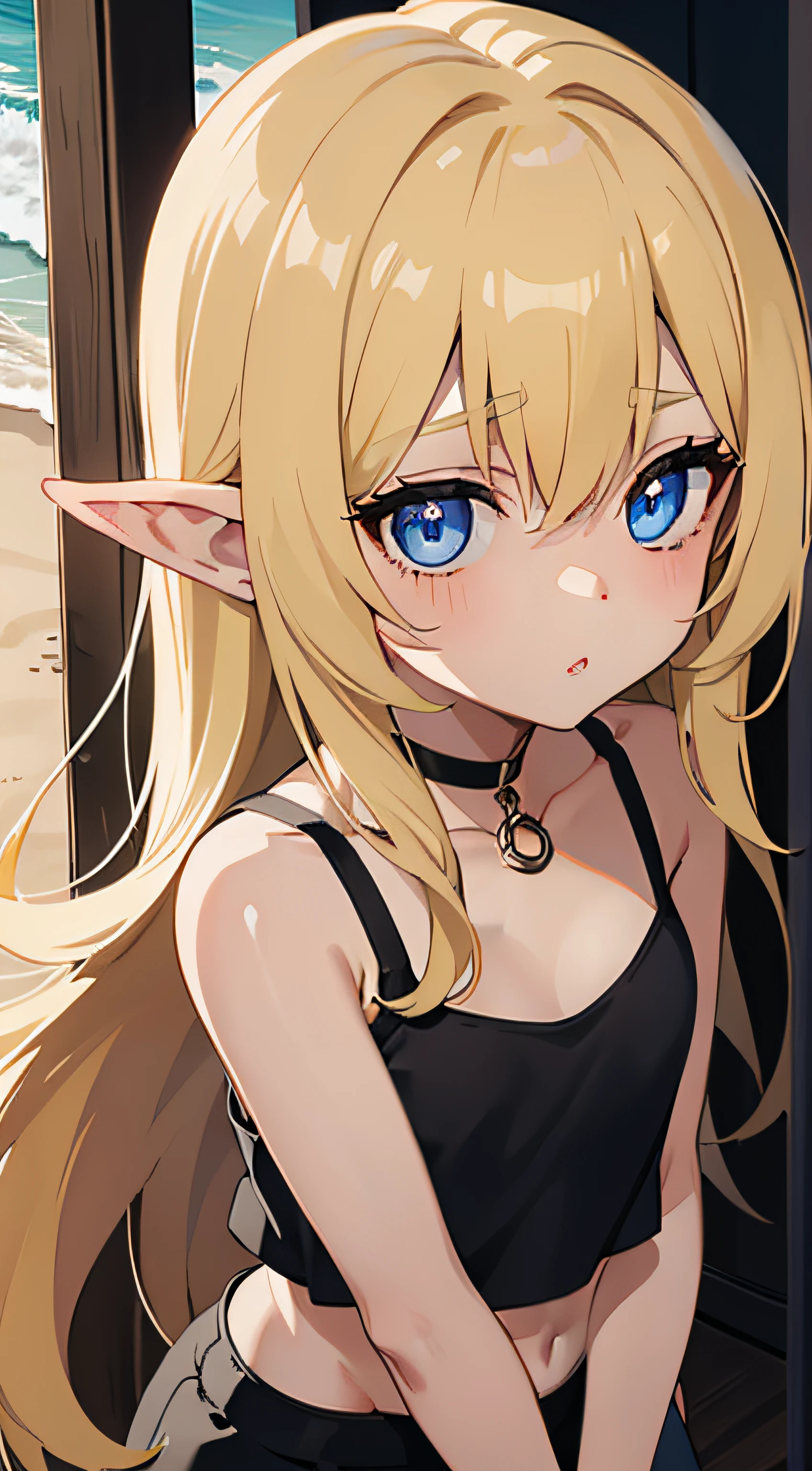 (((Black skin:5.0、elvish、hair over eyes:2.0)))、ite girl in、A girue eyess、very long bangs、straight haired、very long transverse hair、hair over eyes:2.0、a blond、Beach、flat chest、Tank Tops、shortpants、blush、Flat waist、closing eye、anime screen cap、