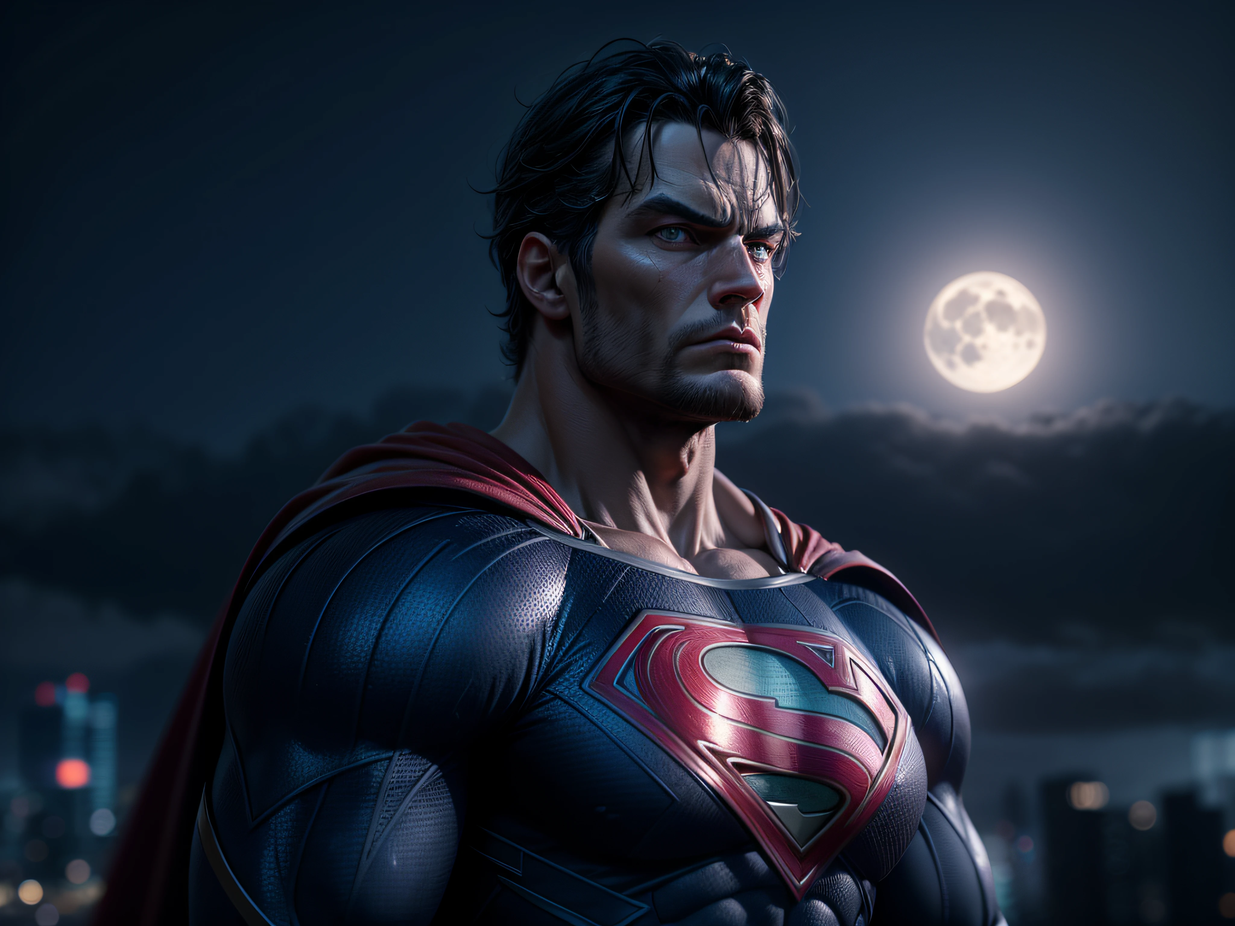 Close a powerful threat, Superman's imposing appearance, menacing stare, ricamente detalhado, Hiper realista, 3D-rendering, obra-prima, NVIDIA, RTX, ray-traced, Bokeh, Night sky with a huge and beautiful full moon, estrelas brilhando,