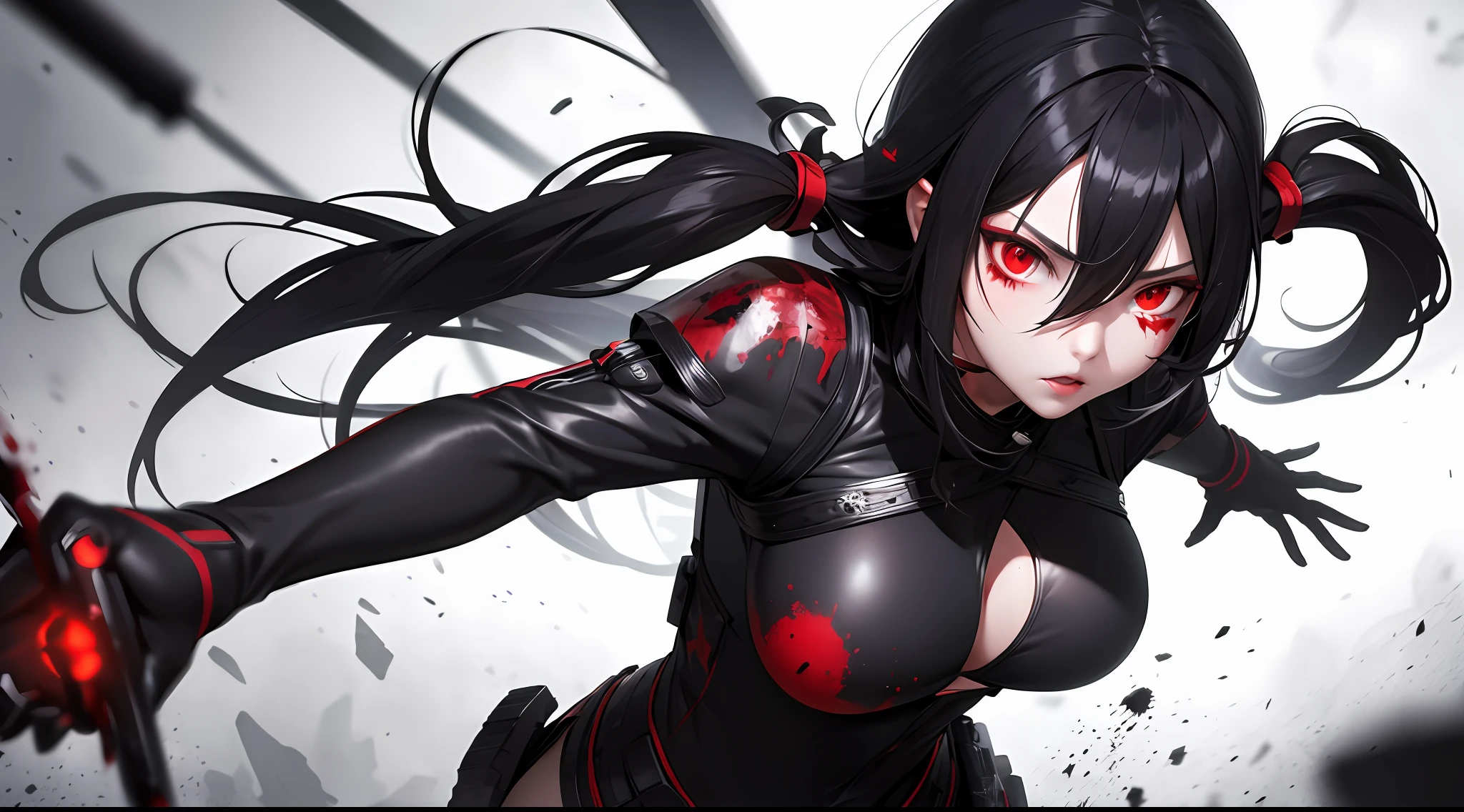 masterpiece, best quality, 1girl, black hair, low twintails, red eyes, hair between eyes, dynamic angle, blood splatter, weapon, depth of field,