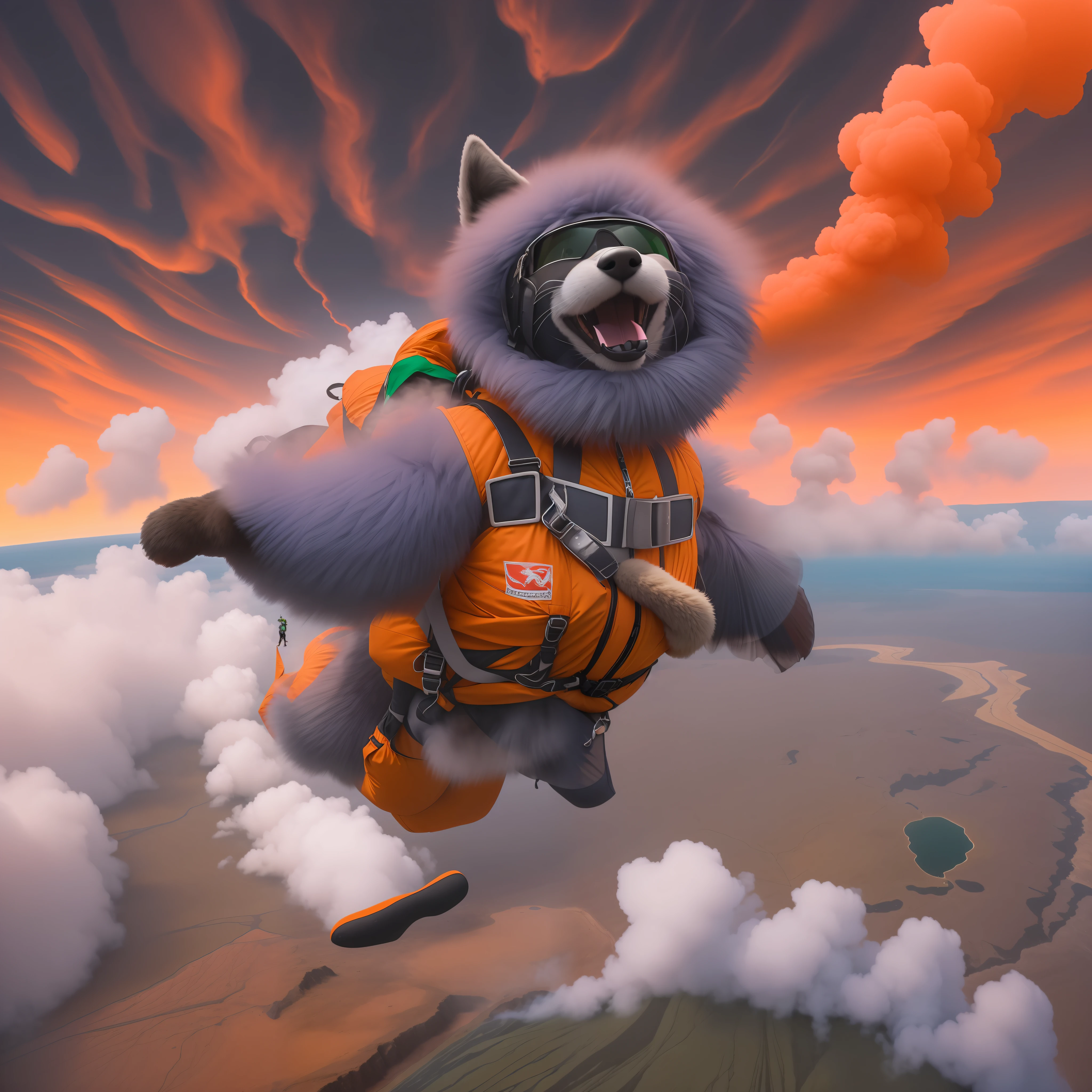 The furry base jumper floats high in the sky, their colorful costume vivid against the gloomy volcanic backdrop. Their furry bodysuit is a bright emerald green, with white fur trim around the wrists and ankles. Covering their face is an oversized, cartoonish wolf head, featuring a smiling mouth filled with shiny white teeth, floppy ears, and black button eyes. A long curling tail trails behind the costumed skydiver, fluttering in the wind.
Strapped to the jumper's back is a large parachute, billowing open into a massive red and white canopy. The majestic Halema'uma'u crater yawns below, thick plumes of inky smoke rising from the glowing orange lava lake within. The furry figure casts a shadow on the crater's steep rocky slopes dotted with black volcanic cinder. Their legs dangle freely beneath them as they descend towards the crater's edge, where fellow furries eagerly await the skydiver's descent. The juxtaposition between the whimsical furry outfit and the stark volcanic landscape creates an absurd yet memorable image.